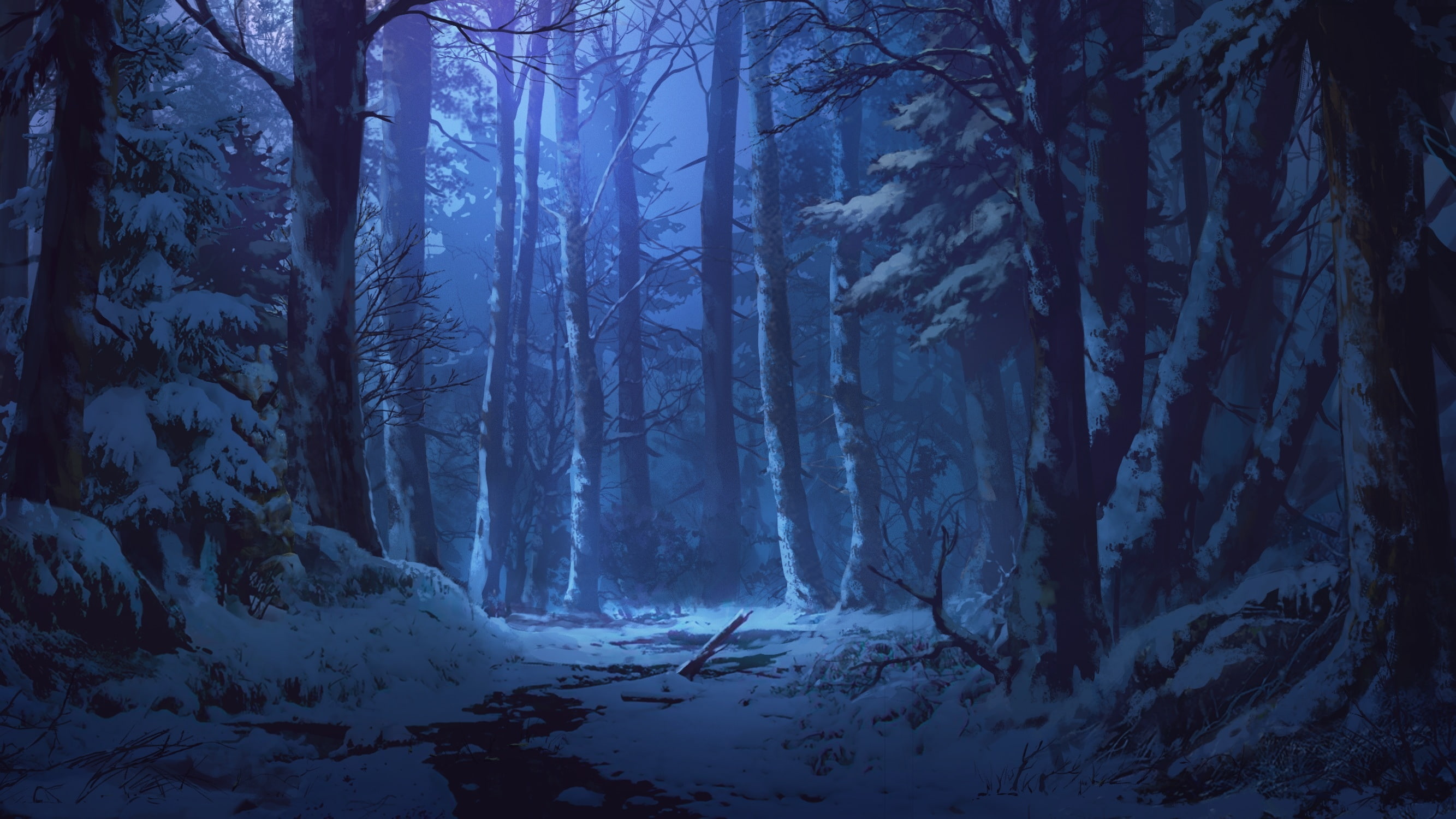 stream, twilight, art, winter forest, snow, Iku Can To Ada, 2K, HD Wallpaper