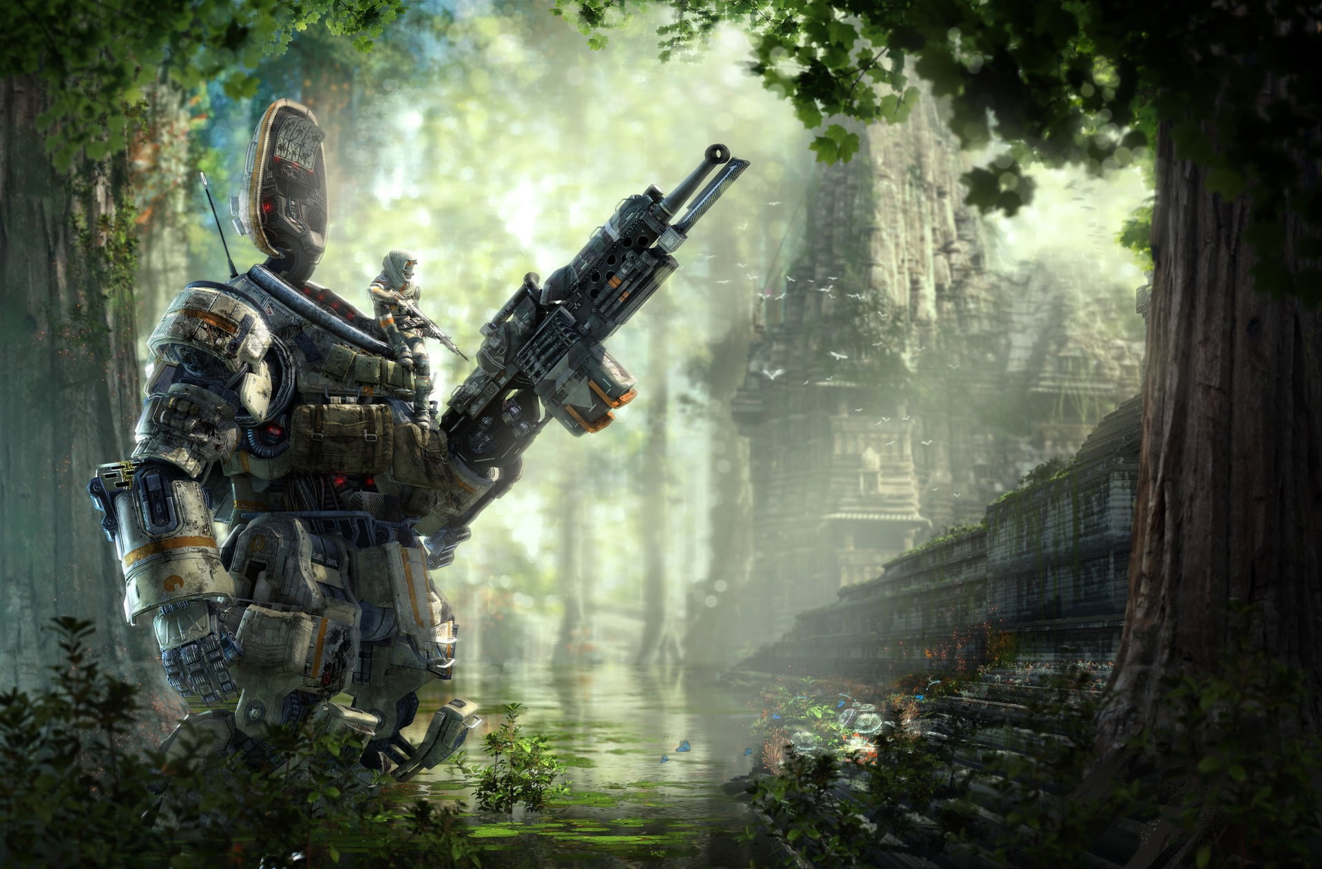 robot, tropical forest, Titanfall, mech, 1080P, temple, HD Wallpaper