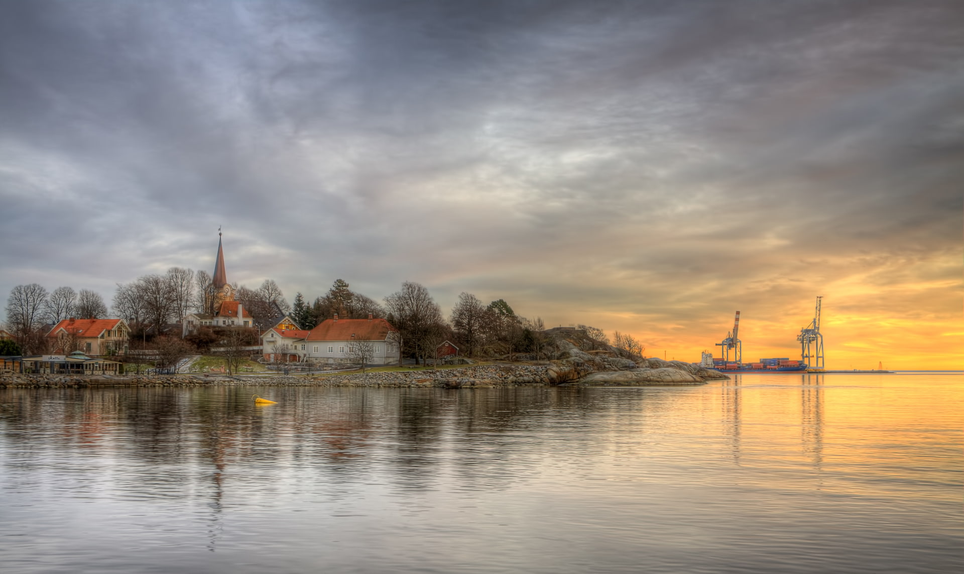 1080P, Norway, water, cranes (machine), church, river, Larvik, HDR, HD Wallpaper