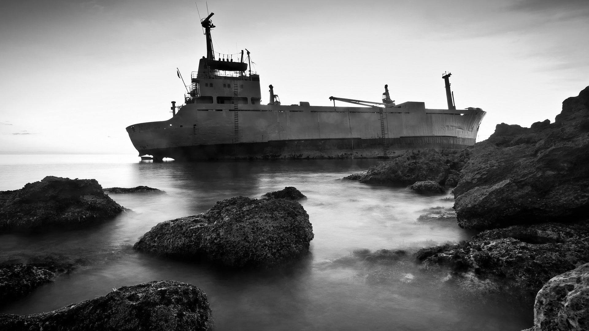 wreck, built structure, outdoors, nature, stones, rock - object, transportation, ship, nautical vessel, day, monochrome, cloud - sky, 1080P, water, no people, HD Wallpaper
