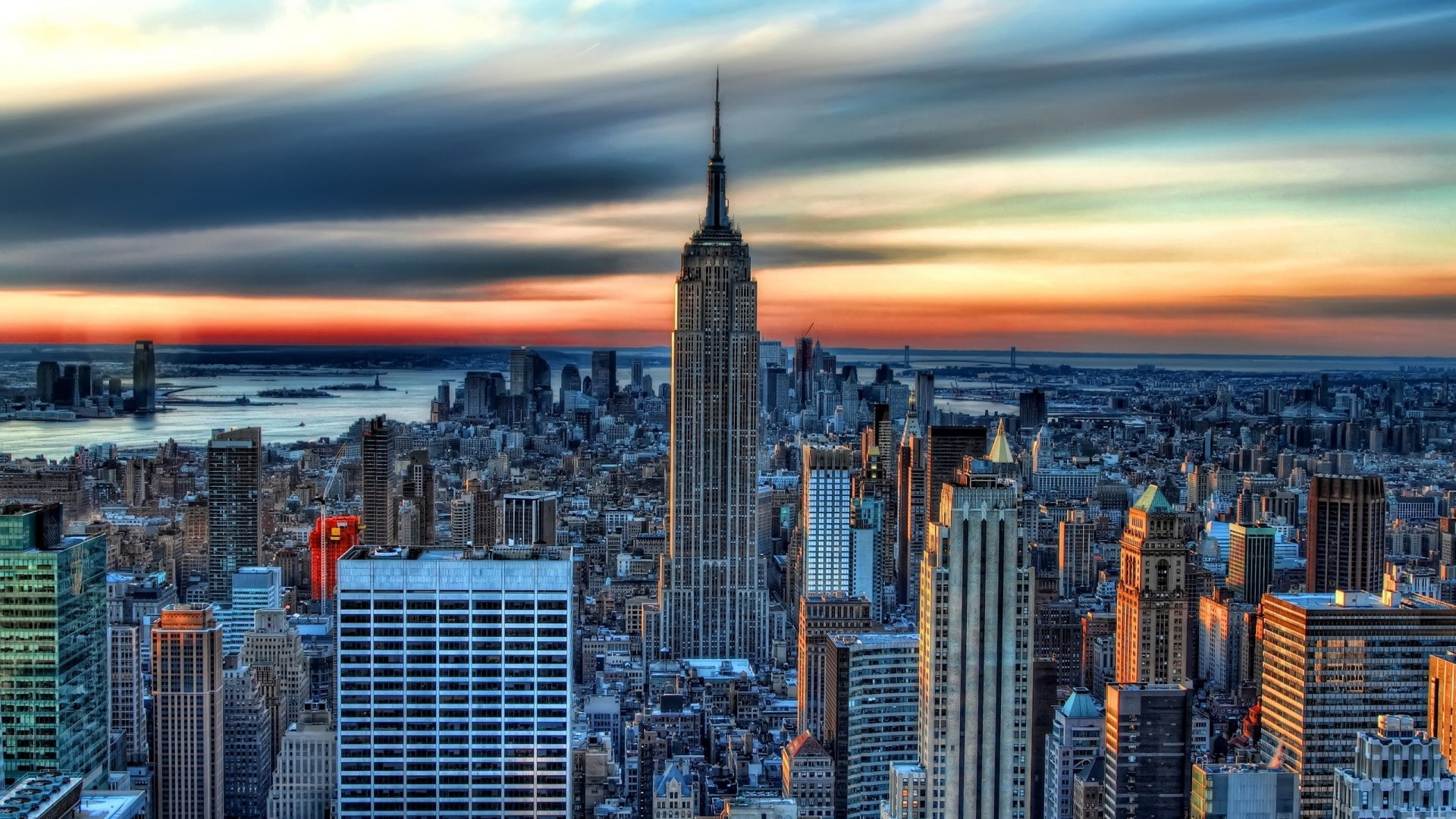 USA, city, sunset, evening, bridge, clouds, architecture, water, cranes (machine), cityscape, Empire State Building, New York City, long exposure, skyscraper, HD Wallpaper
