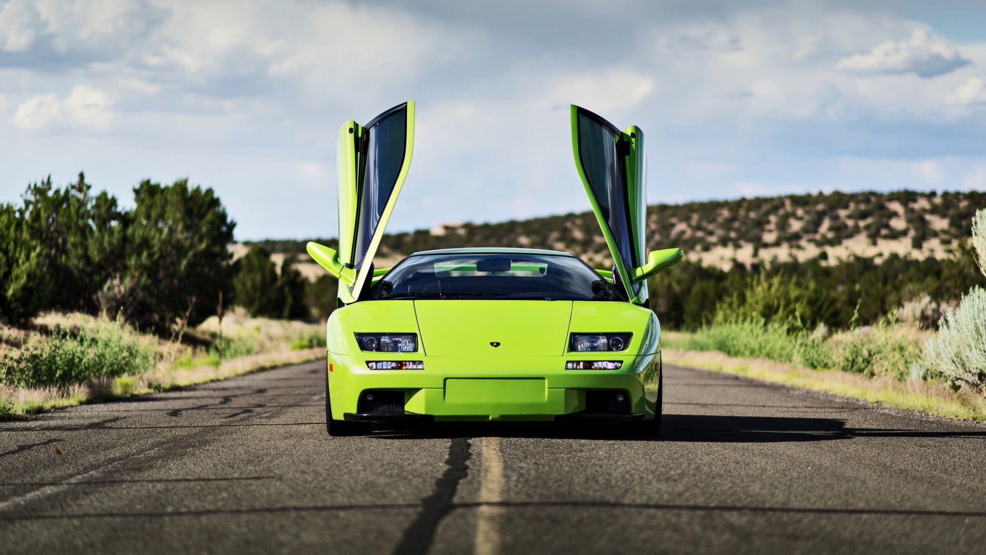 mode of transportation, green cars, no people, nature, yellow, motor vehicle, green, green color, street, Lamborghini Diablo, road, direction, city, 1080P, HD Wallpaper