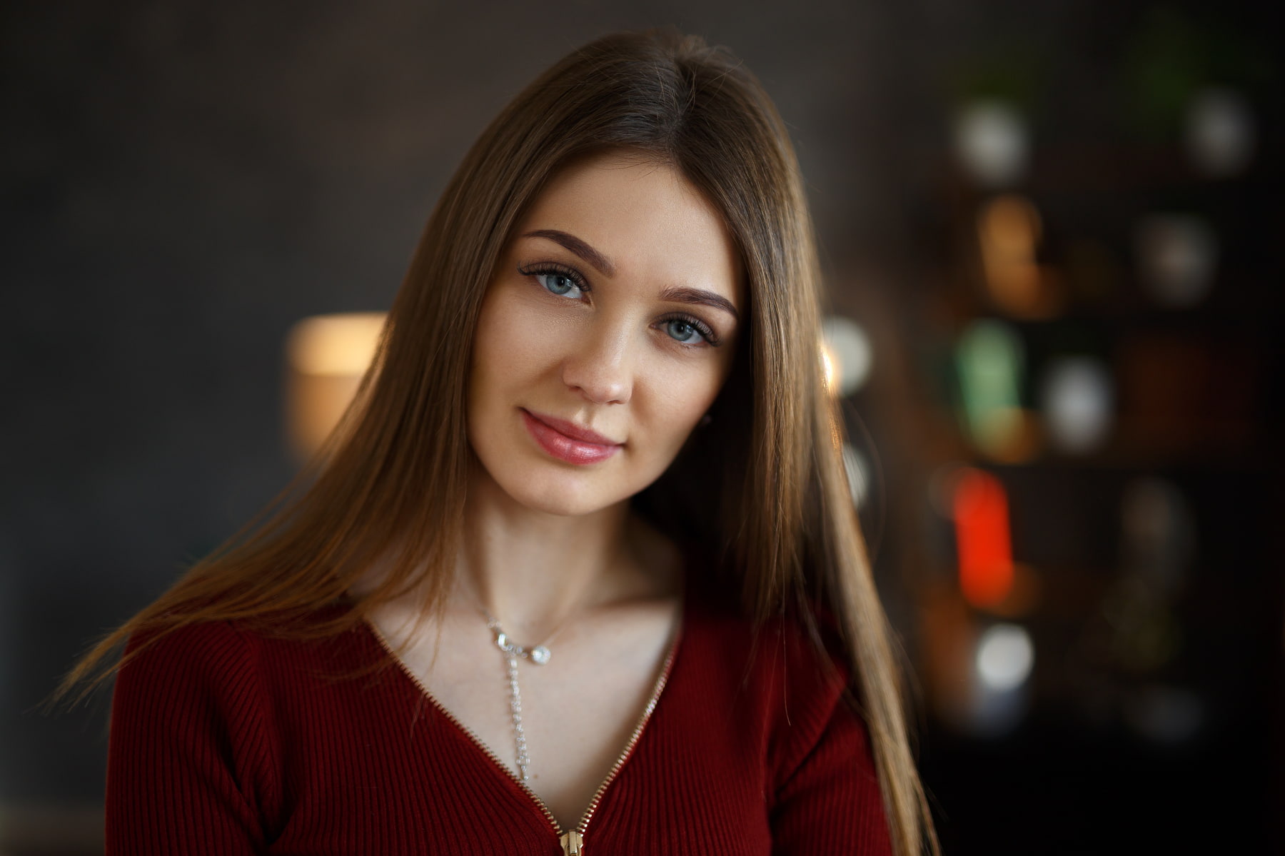 zipper, women, smiling, 720P, necklace, portrait, blue eyes, HD Wallpaper