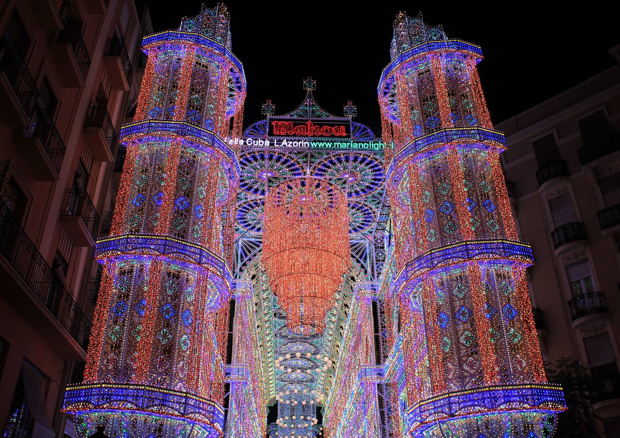 lighting equipment, building, string, illuminated, lights, ornate, building exterior, 1080P, light, Valencia, Valence, Spain, multi colored, night, art and craft, HD Wallpaper