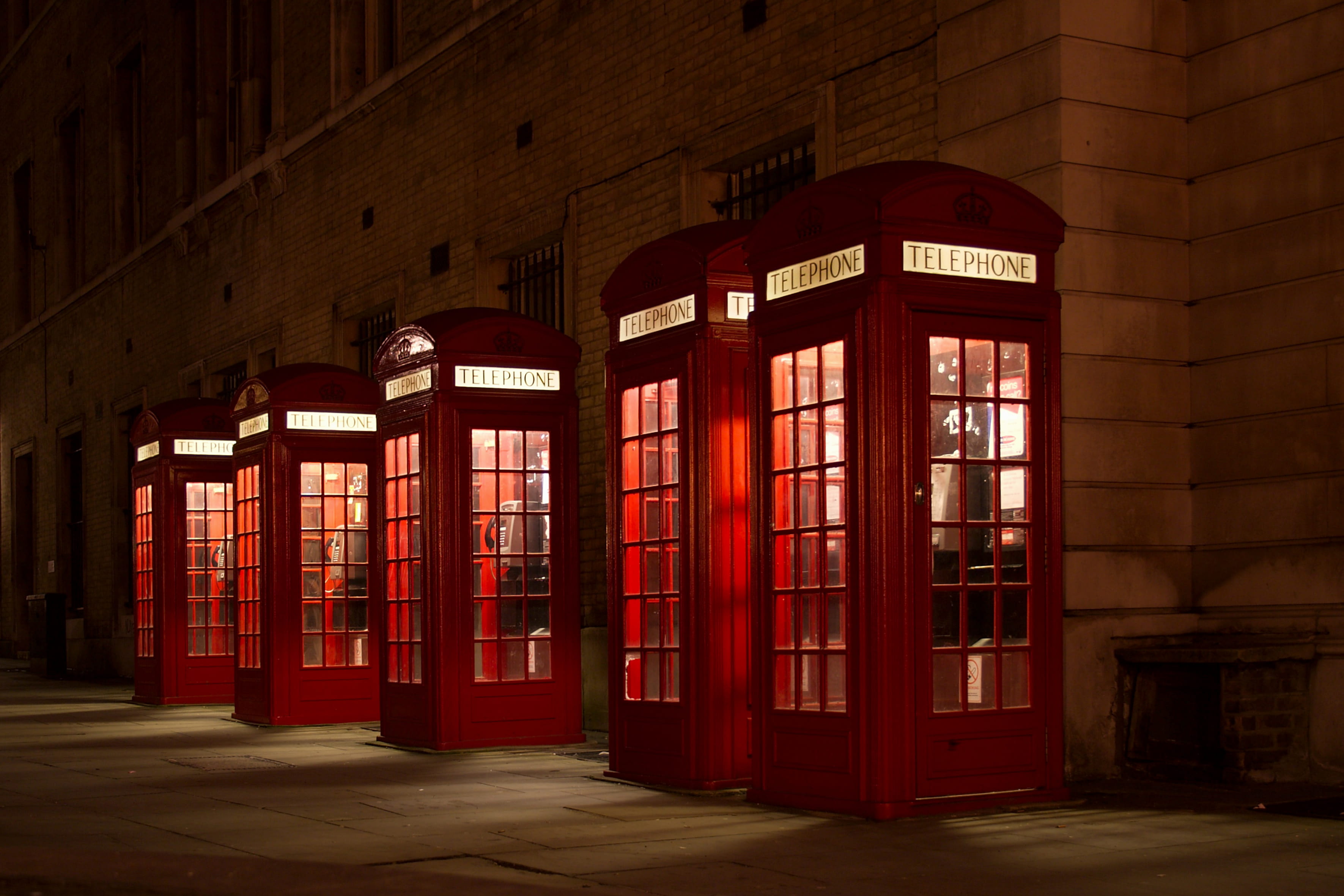 calling, built structure, city, building, turned, outdoors, architectural column, lined, telephone booth, day, night, book, telephone, sidewalk, phone, HD Wallpaper