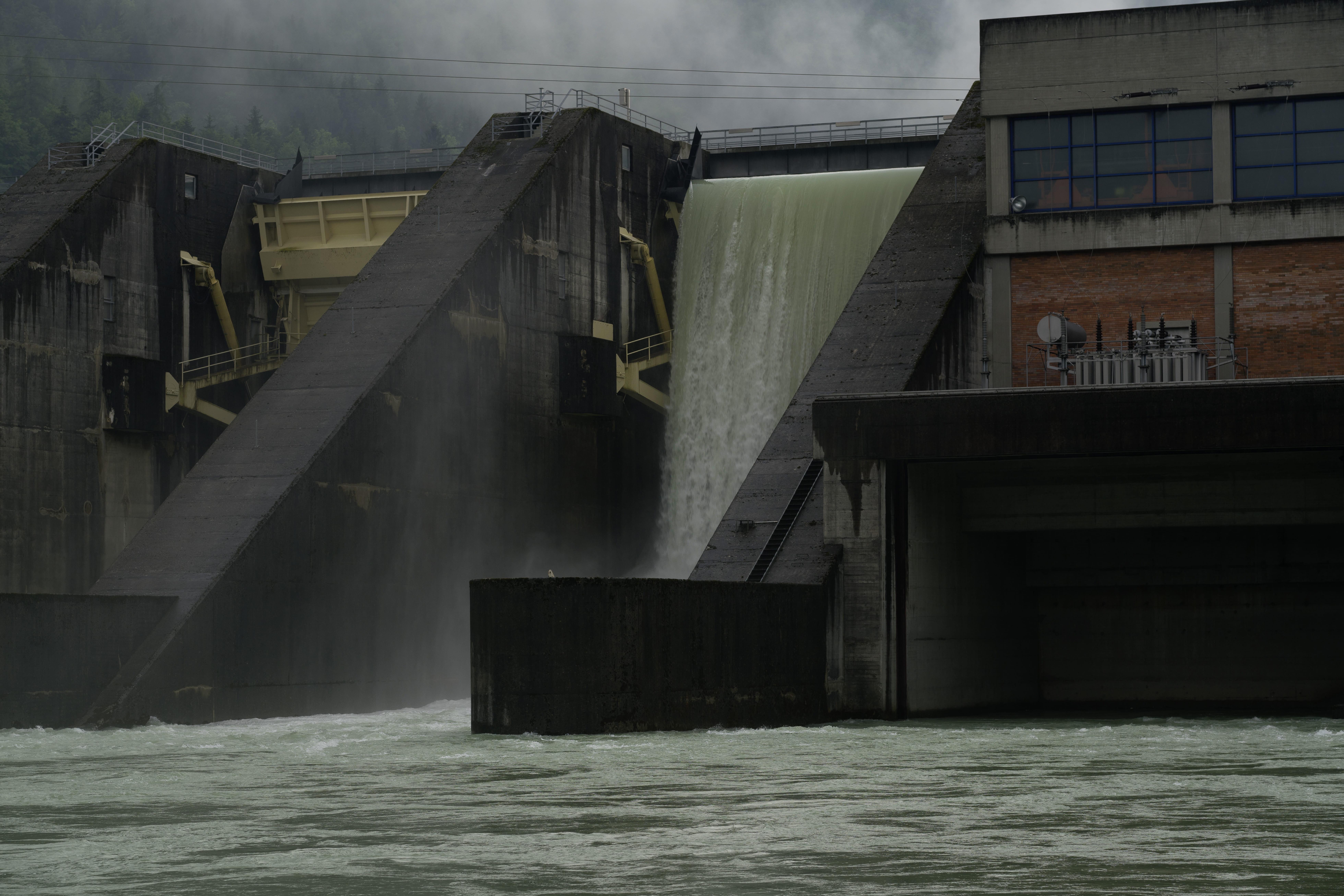 architecture, day, landscape, bridge, river, clouds, kraftwerk annabrücke, electricity, flowing, power in nature, power, 8K, austria, building exterior, HD Wallpaper