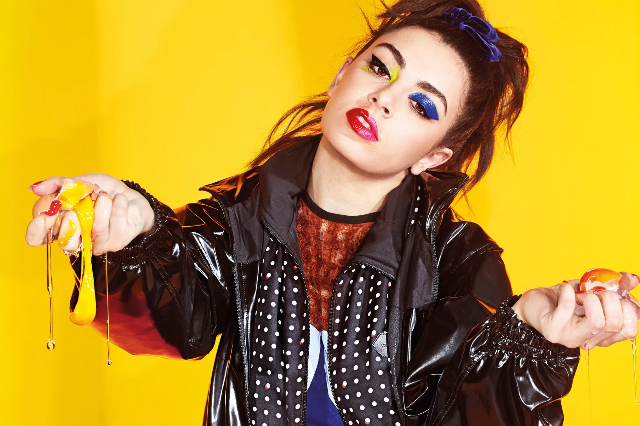 elegance, charli xcx, one Person, females, fashion, colored background, yellow, human Face, beautiful, looking At Camera, waist up, indoors, black, 1080P, HD Wallpaper