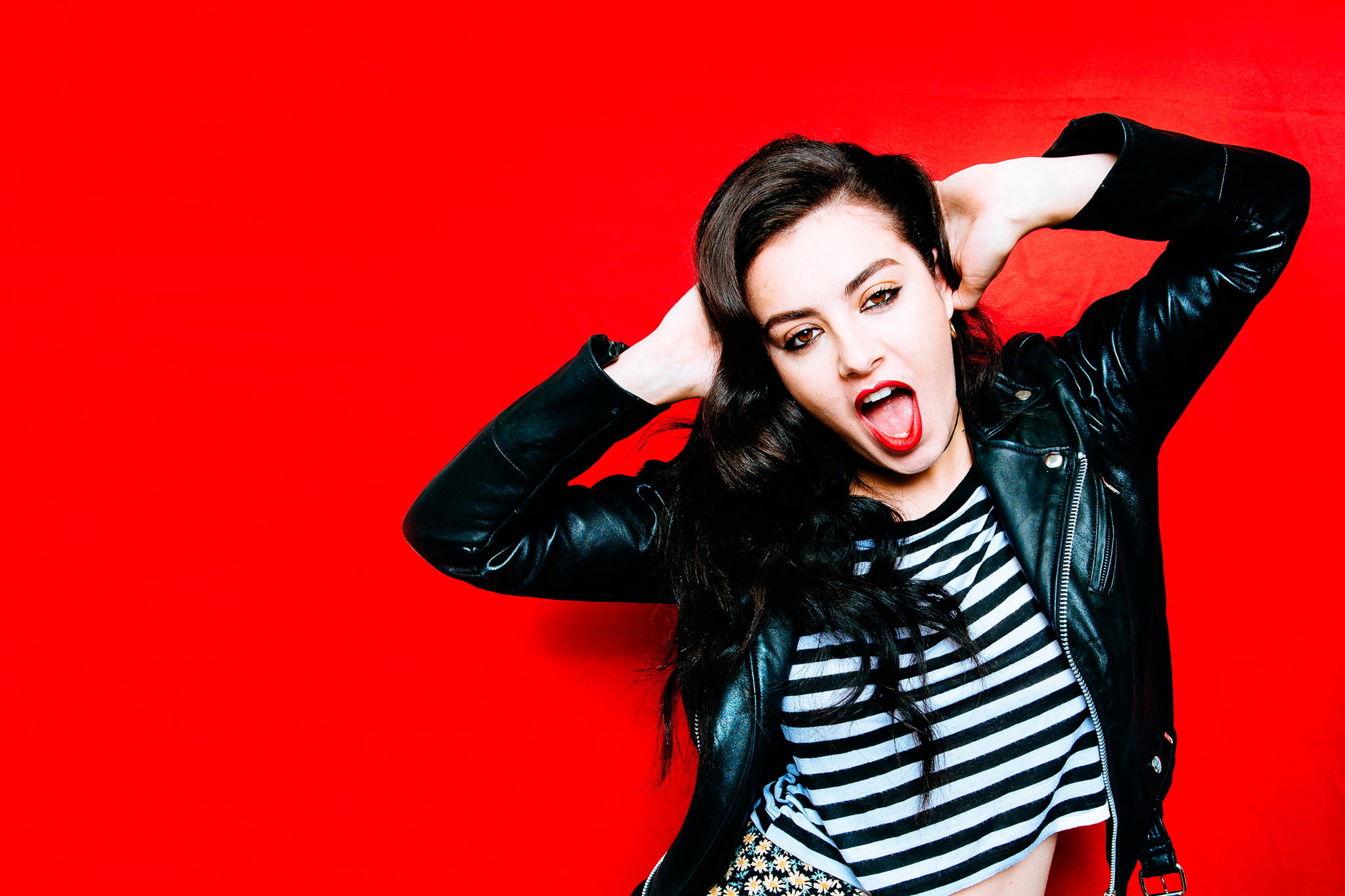Mow That Lawn, woman, jacket, black, showing, tongue, leather, Charli XCX, 1080P, HD Wallpaper