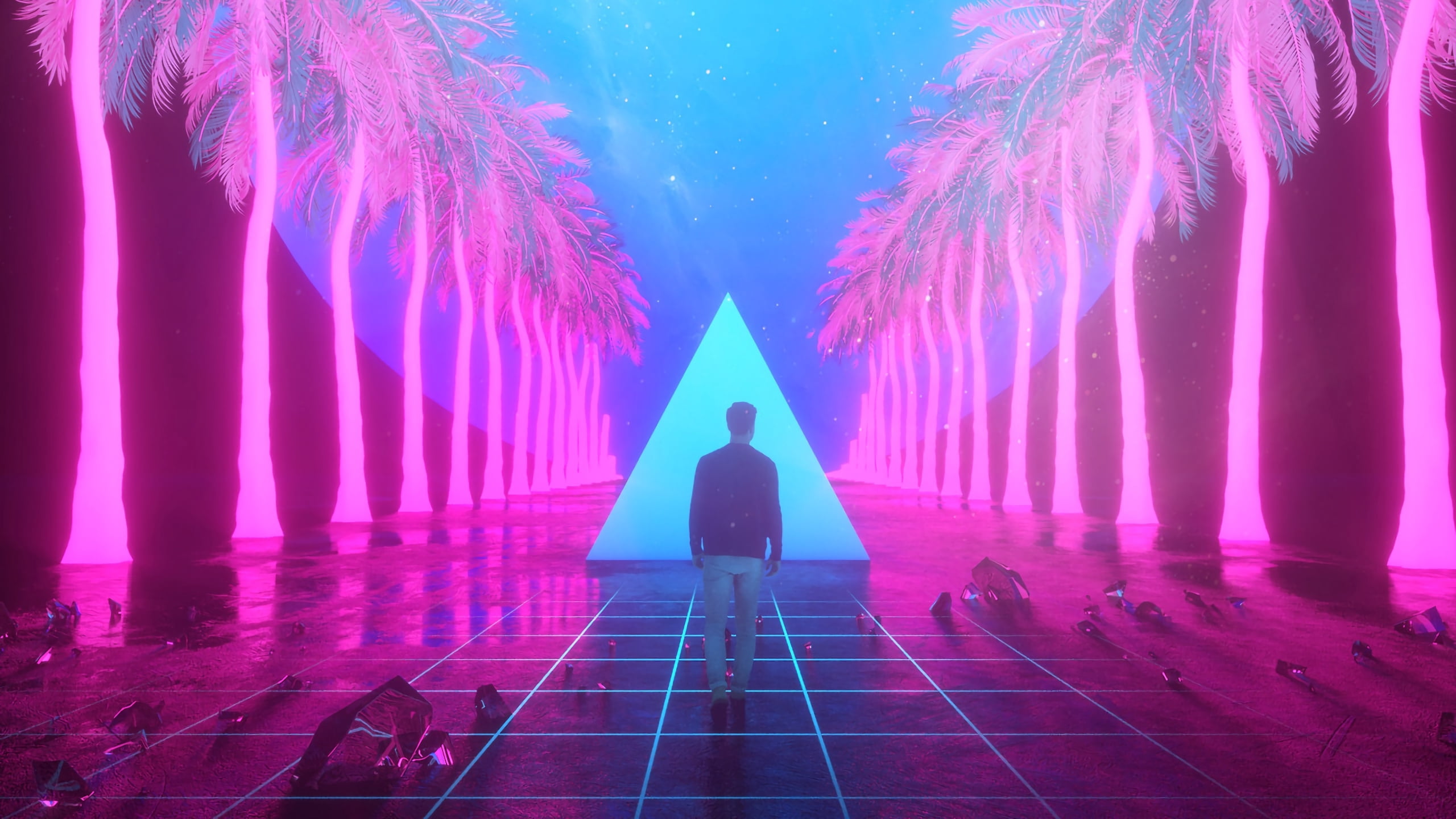 2K, silhouette, motion, rear view, mike winkelmann, architecture, one person, treelined, pink color, digital composite, real people, blue, luminos, water, HD Wallpaper