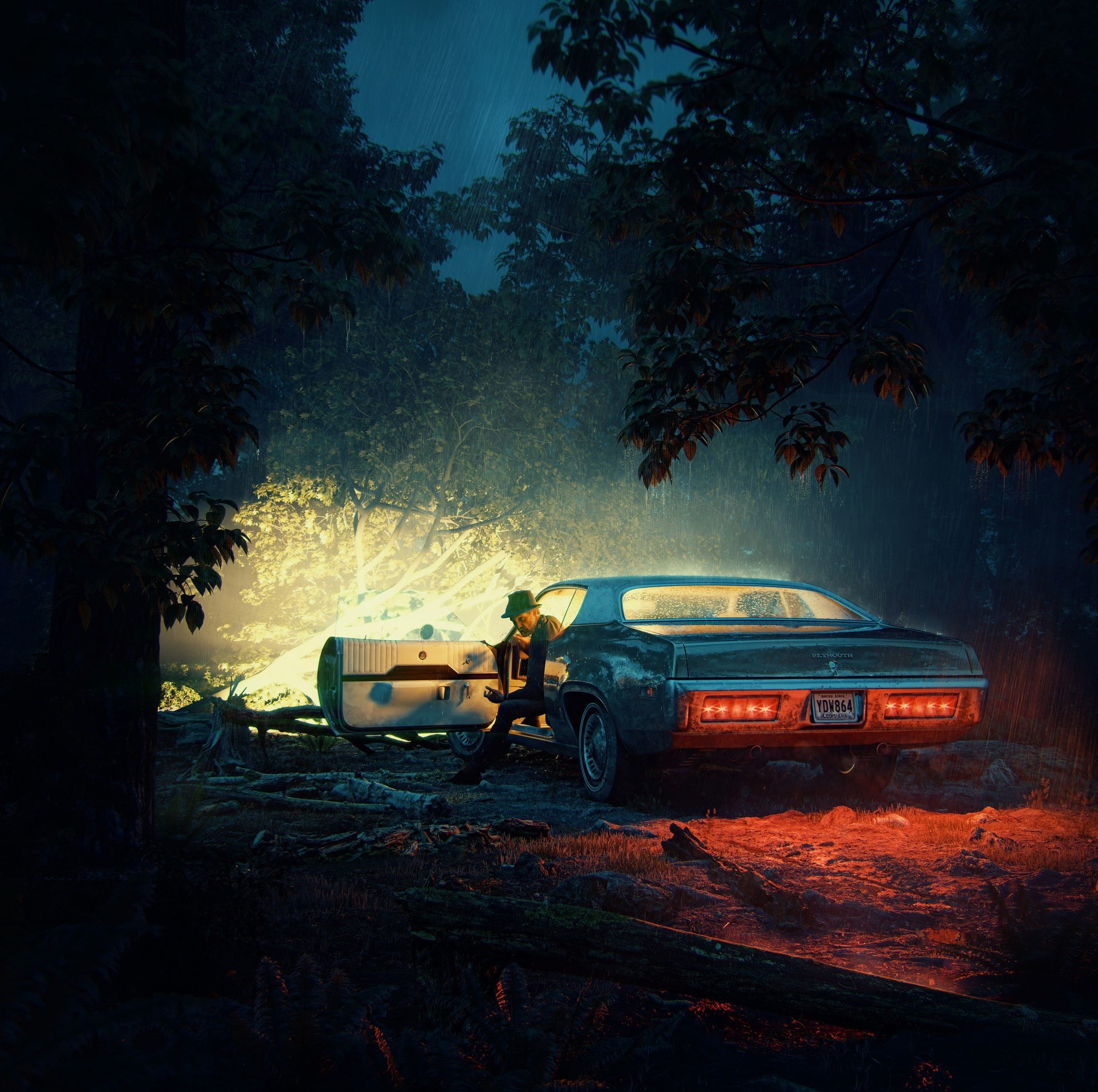 synthpop, blue, fantasy, hat, car, :-), man, retro, luminos, 1080P, red, vintage, HD Wallpaper