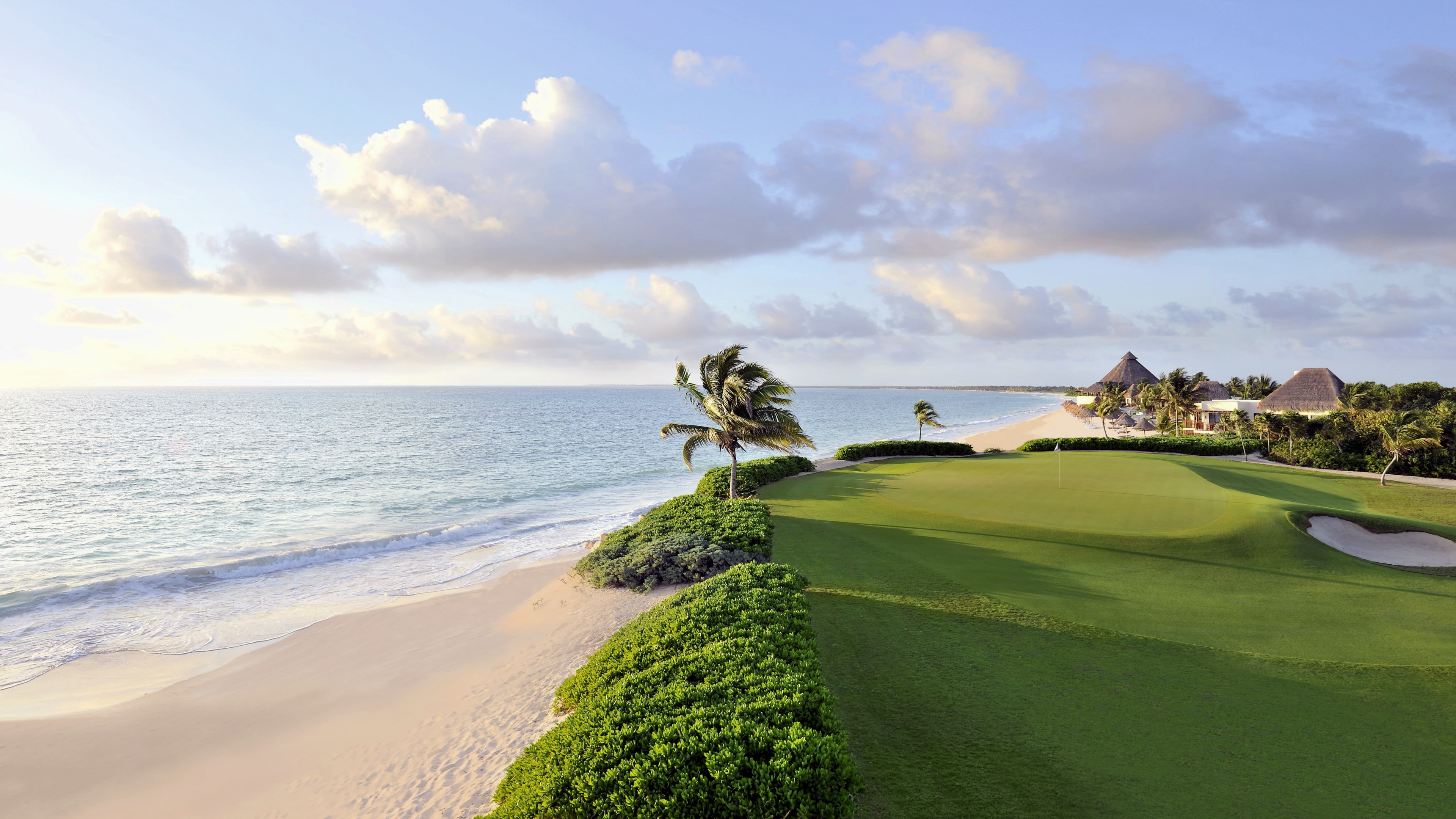 house, 4K, green color, activity, sky, golf, Golf Course, sunlight, clouds, Palm Trees, landscape, plant, grass, beach, cloud - sky, scenics - nature, HD Wallpaper