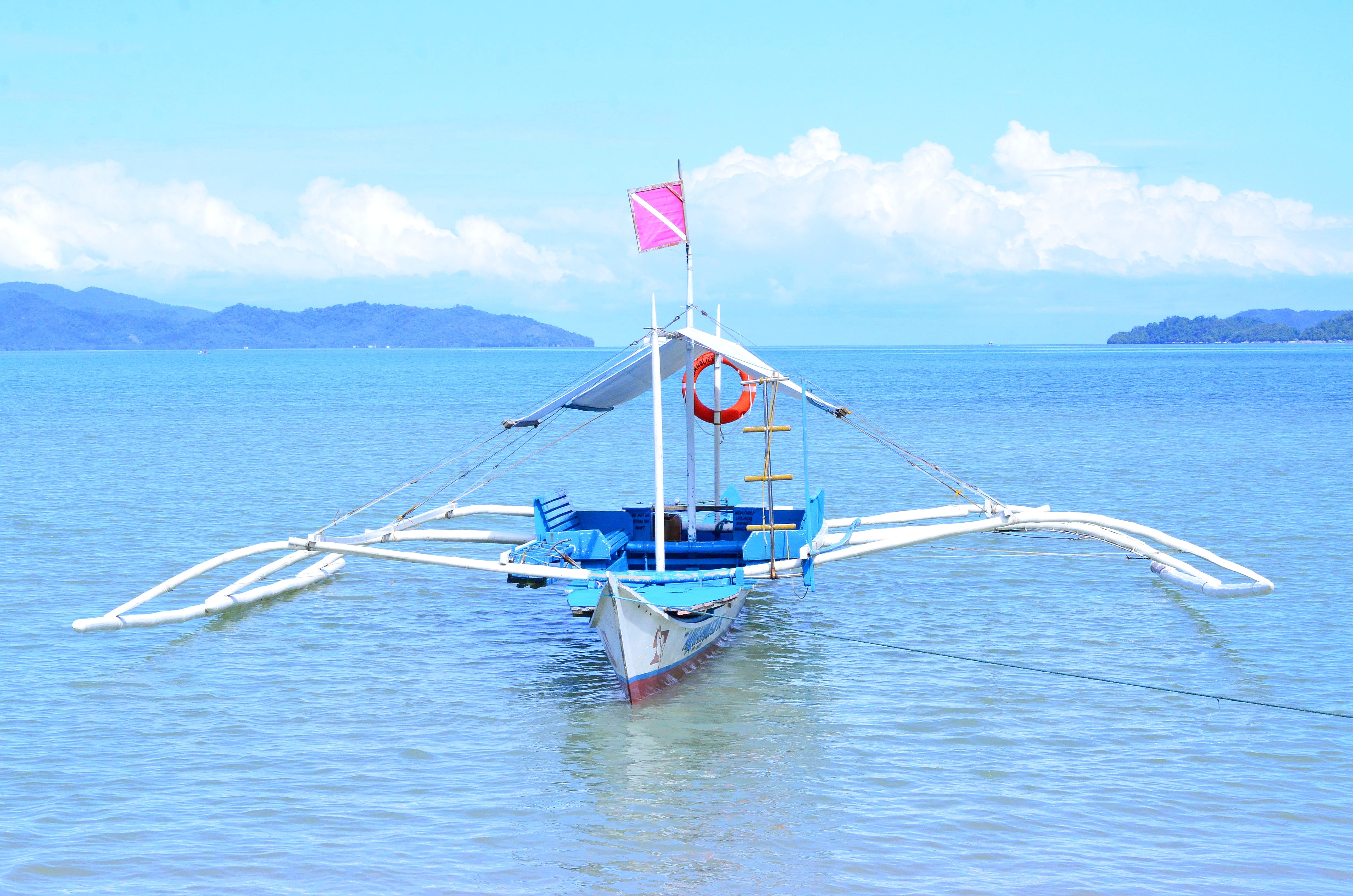 adventure, sea, beauty in nature, clouds, spectacular, mode of transportation, Palawan, asia, clear, Philippines, travel, Boat, tranquil scene, 4K, island, HD Wallpaper