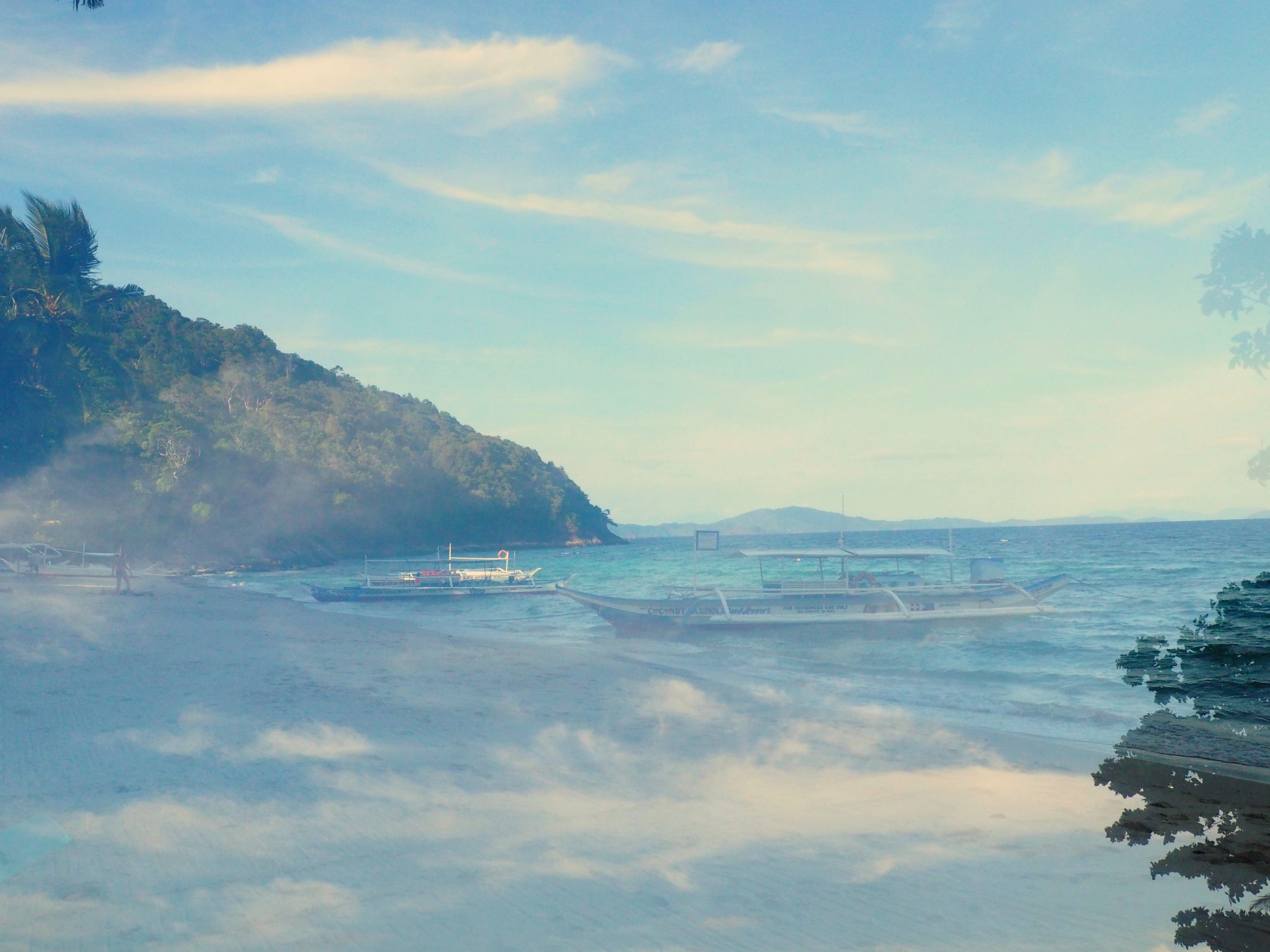 sky, beach, philippines, double exposure, cloud - sky, 4K, tranquility, day, blue, land, nature, island, waterfront, coconut island, reflection, mountain, HD Wallpaper