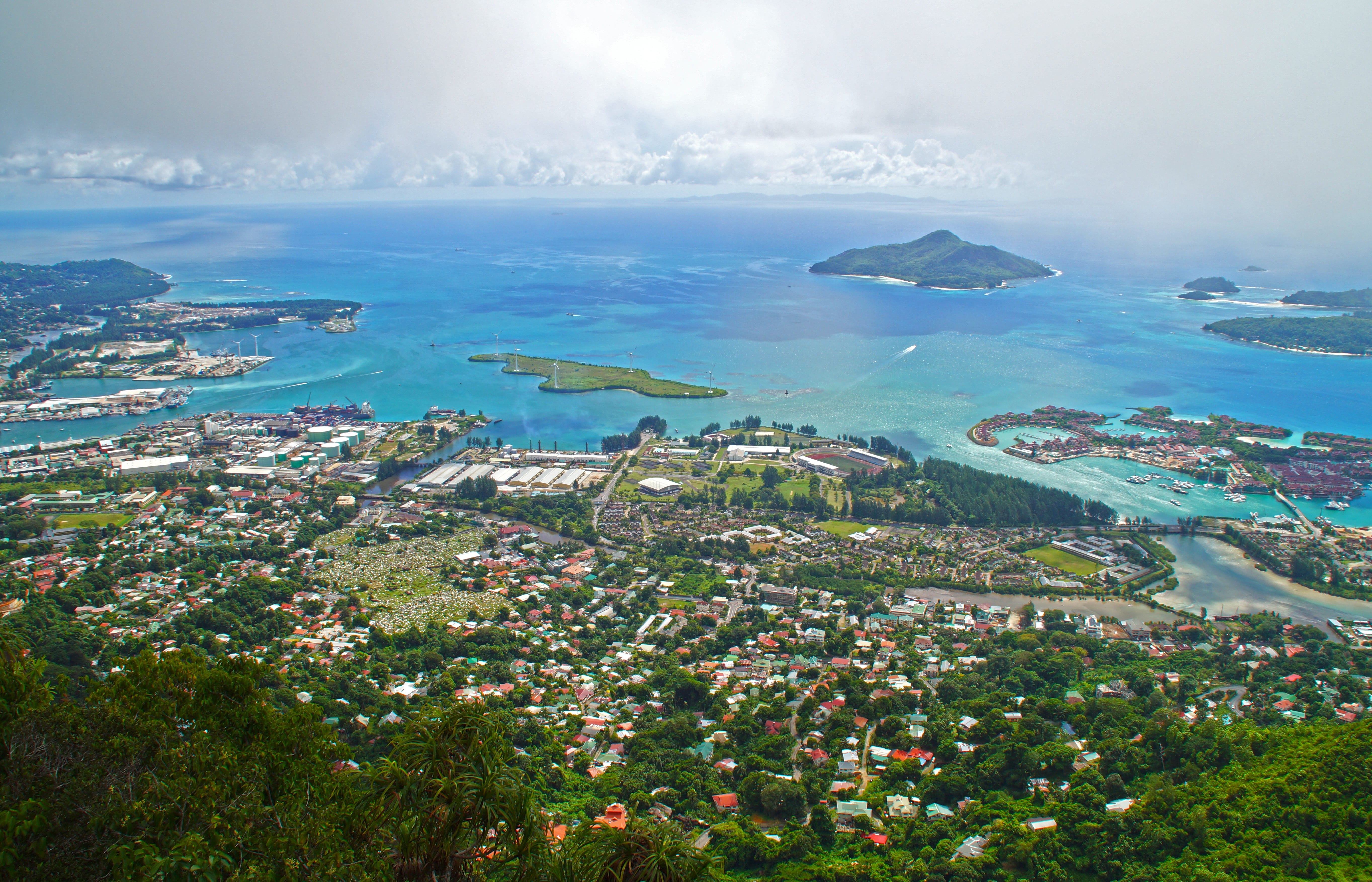 island, tree, land, environment, beauty in nature, ocean, built structure, cityscape, sky, water, point of view, high angle view, plant, nature, seychelles, HD Wallpaper