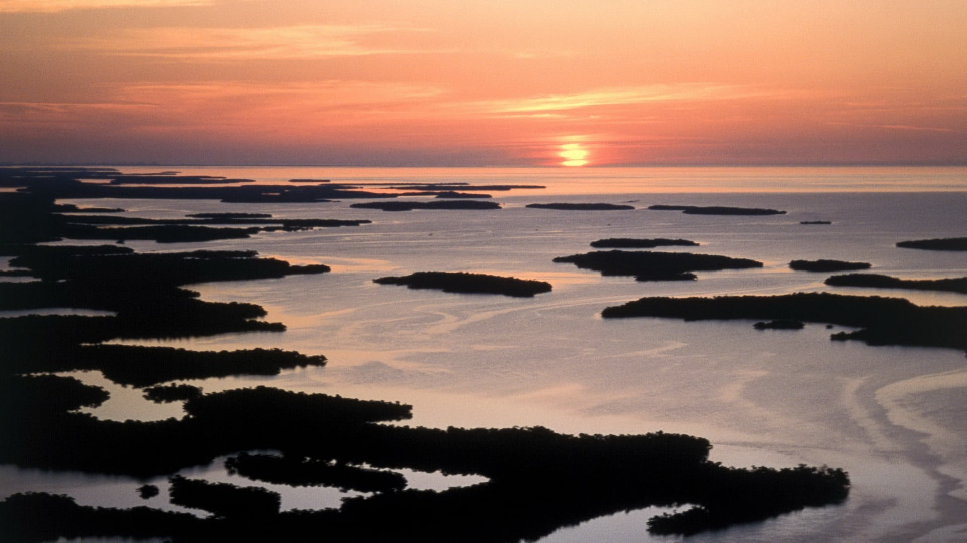 Everglades, tranquil scene, USA, sea, orange color, sunset, nature, idyllic, digital, beach, 1080P, water, outdoors, silhouette, land, beauty in nature, HD Wallpaper