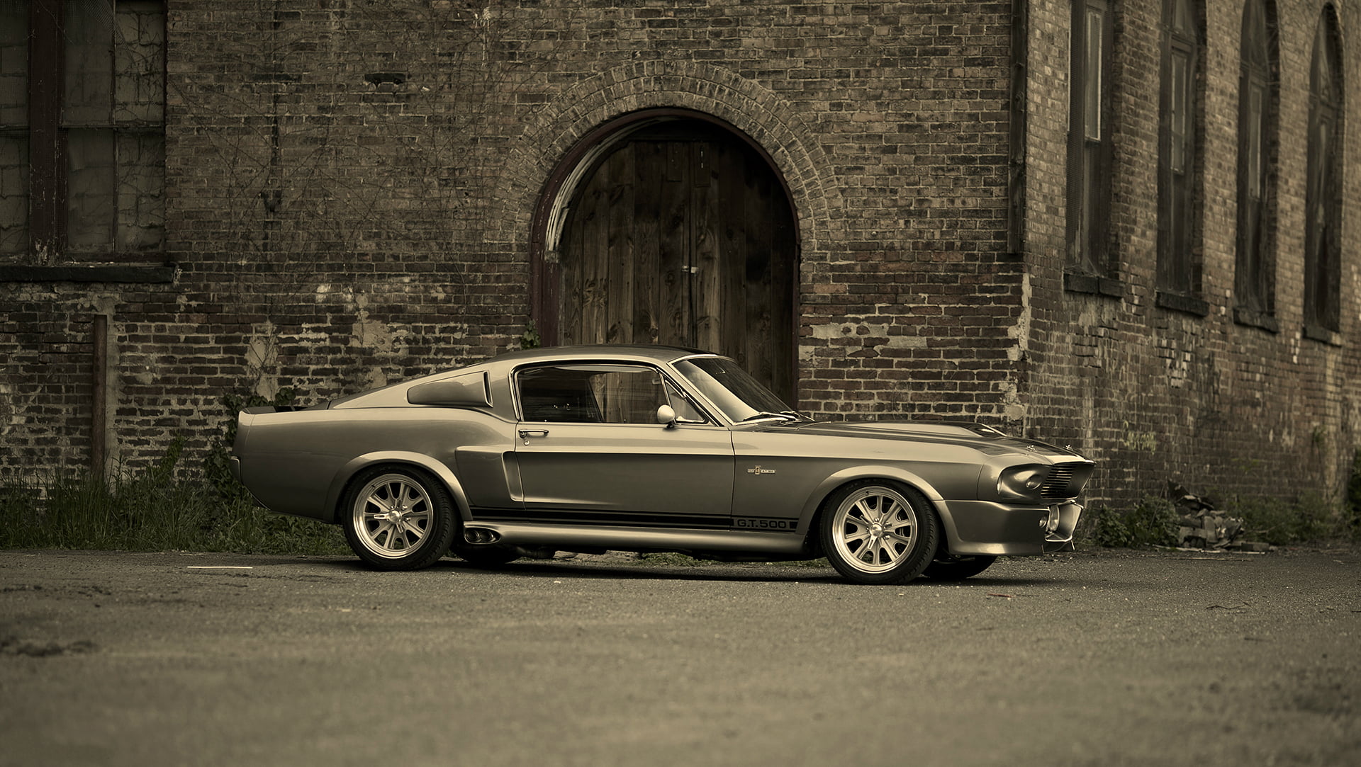 street, obsolete, 1080P, bumper, wall, classic, sports Car, mustang, Shelby Eleanor, brick, collectors Car, parking Lot, built structure, personal land vehicle, HD Wallpaper
