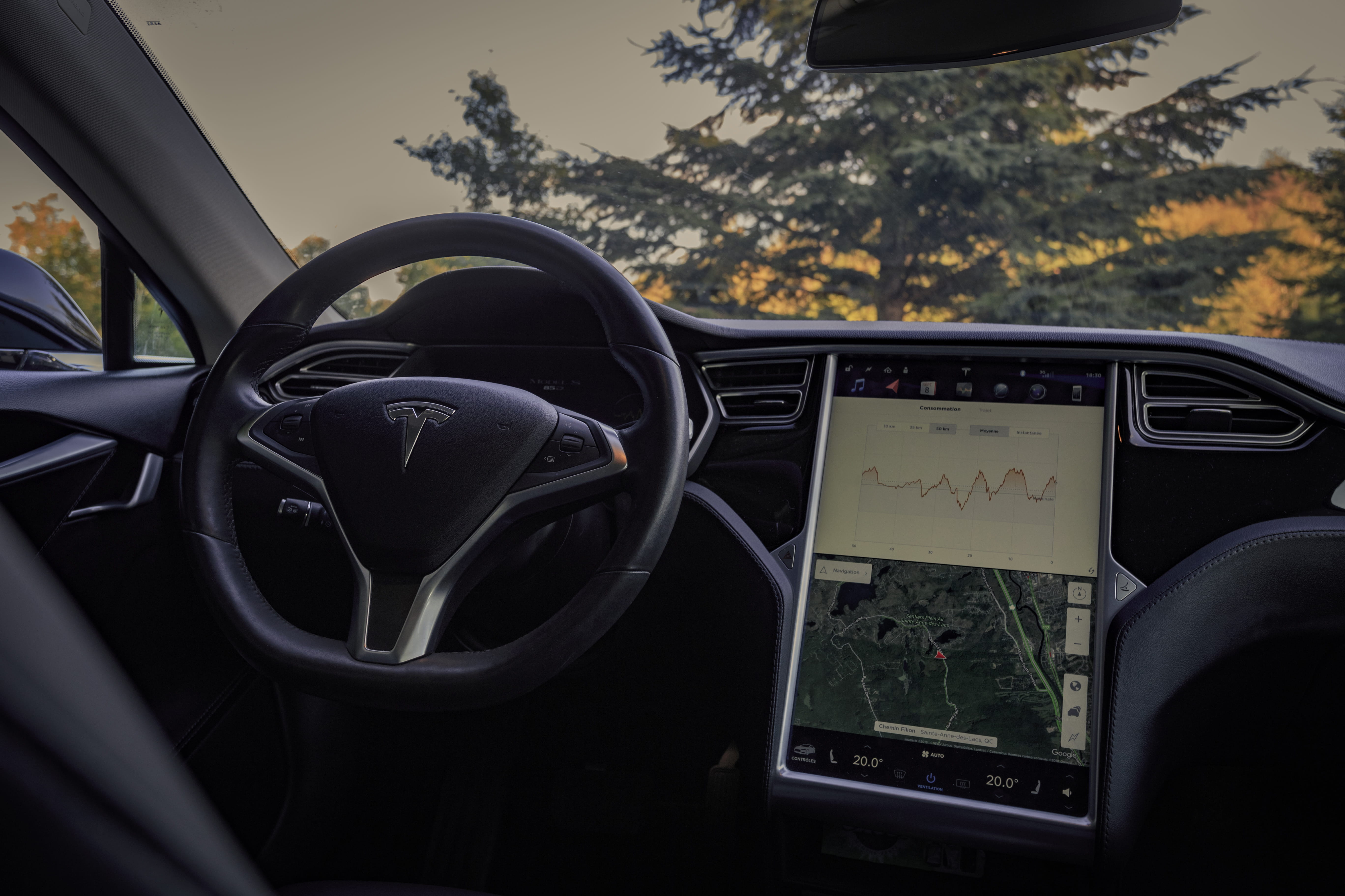 tesla, no people, control panel, dark, matte, mode of transportation, 5K, car, model, electric car, steering wheel, speed, model s, display, map, dashboard, HD Wallpaper