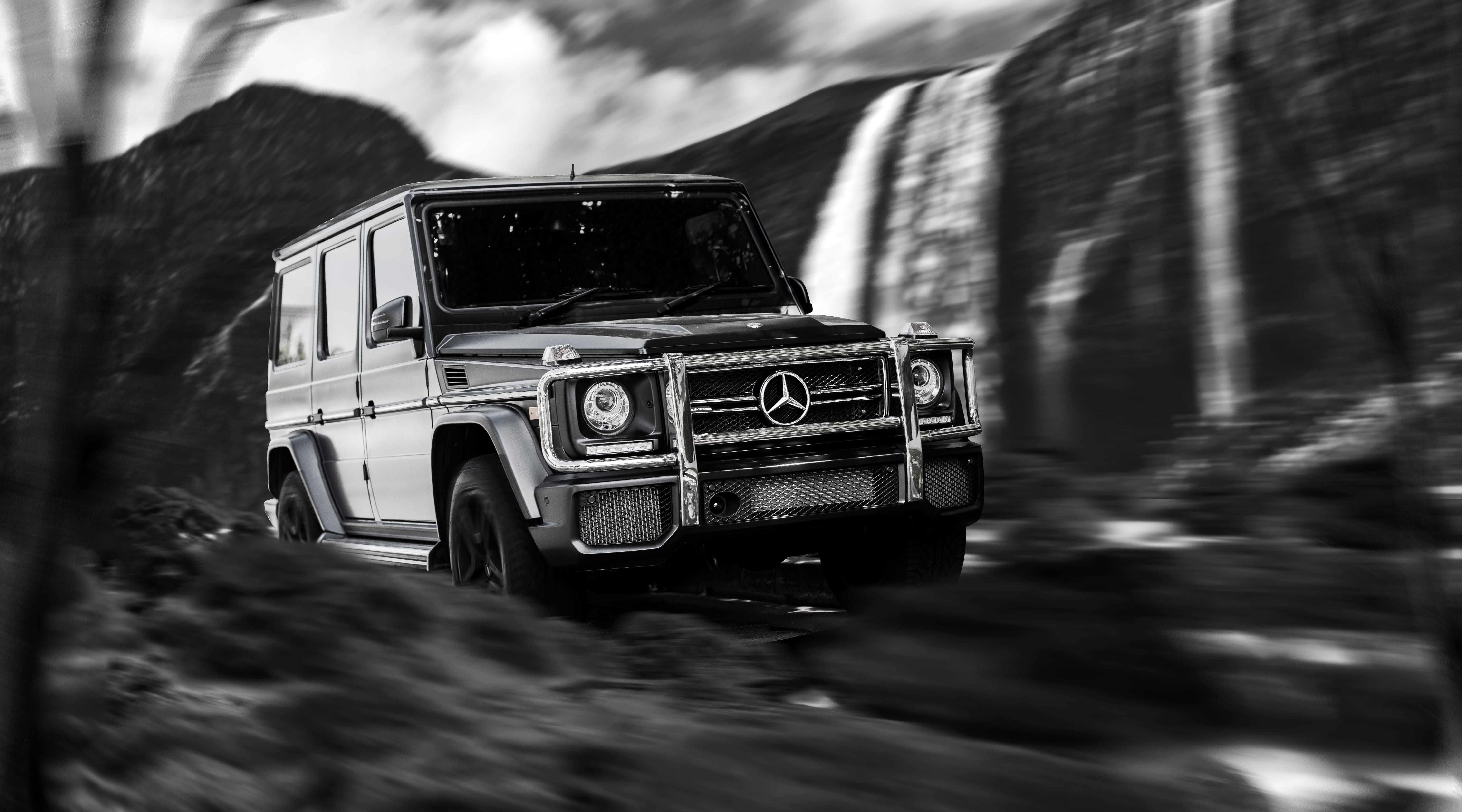 car, black and white, trees, rich, waterfall, automotive, matte black, mode of transportation, motor vehicle, luxury, 5K, nature, blurred motion, motion, HD Wallpaper