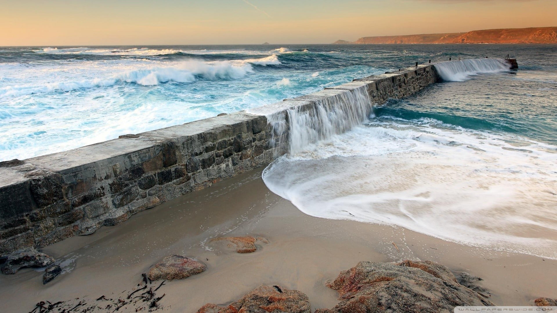 land, flowing water, barricade, beach, outdoors, waves, 1080P, aquatic sport, horizon over water, sky, beauty in nature, wave, flowing, sport, breaking, HD Wallpaper
