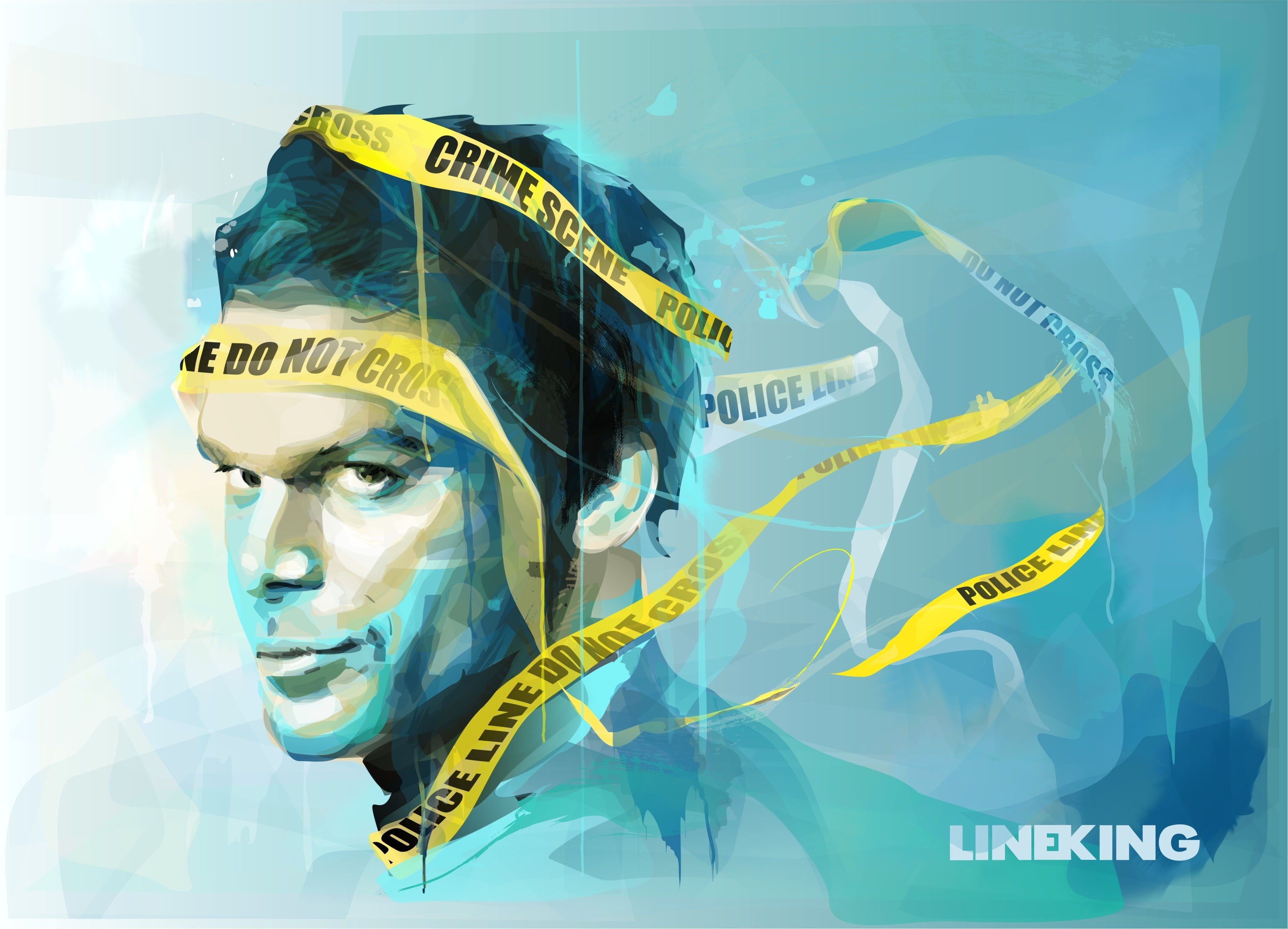 western script, illustration, barricade, digital composite, abstract, close-up, dexter, 2K, tape, sign, backgrounds, blue, yellow, male likeness, summer, HD Wallpaper