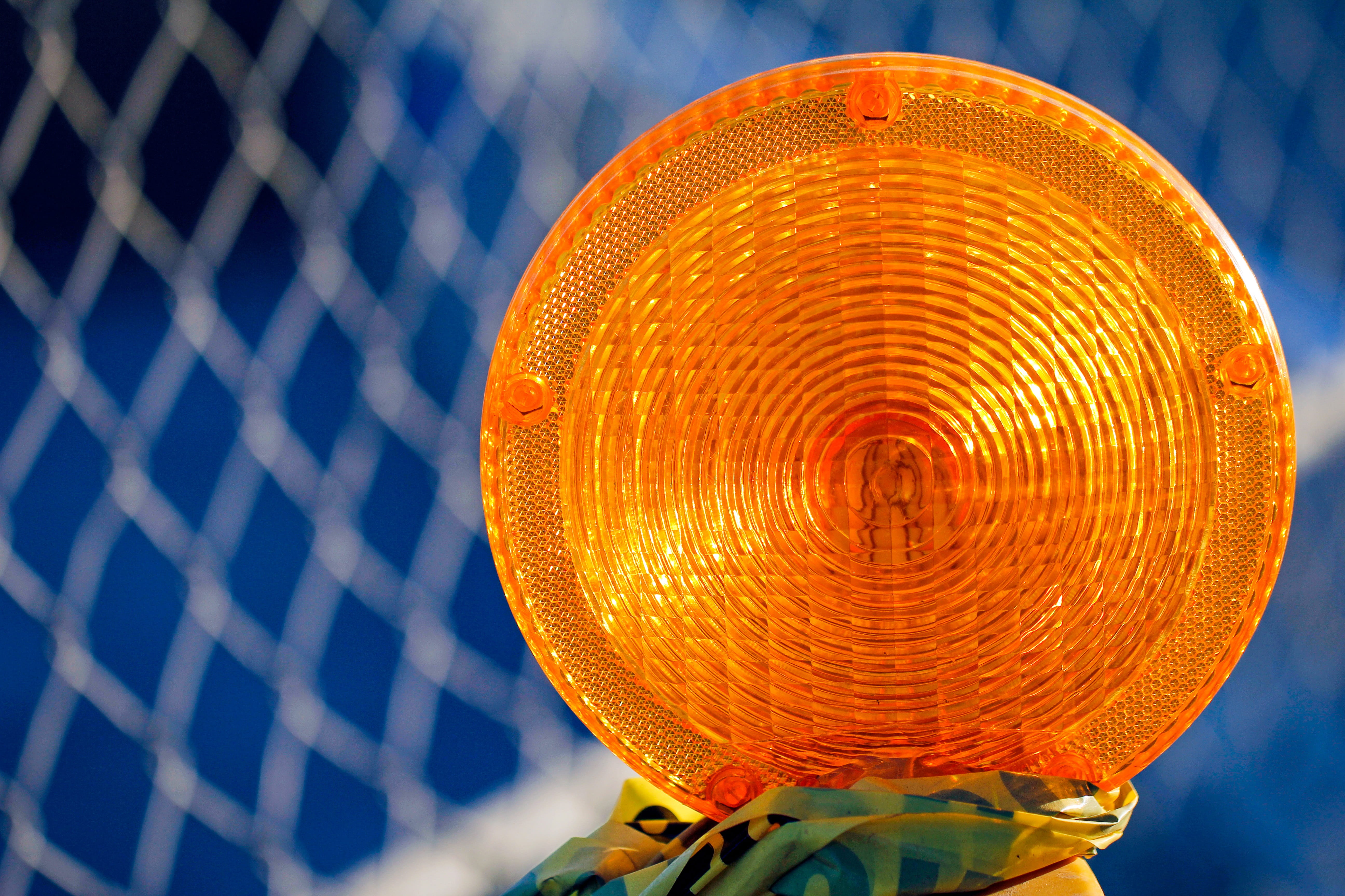 barricade, blue, outdoors, chain link fence, circle, danger, night, security, flashing light, shape, safety, pattern, red, light, lighting equipment, illuminated, HD Wallpaper