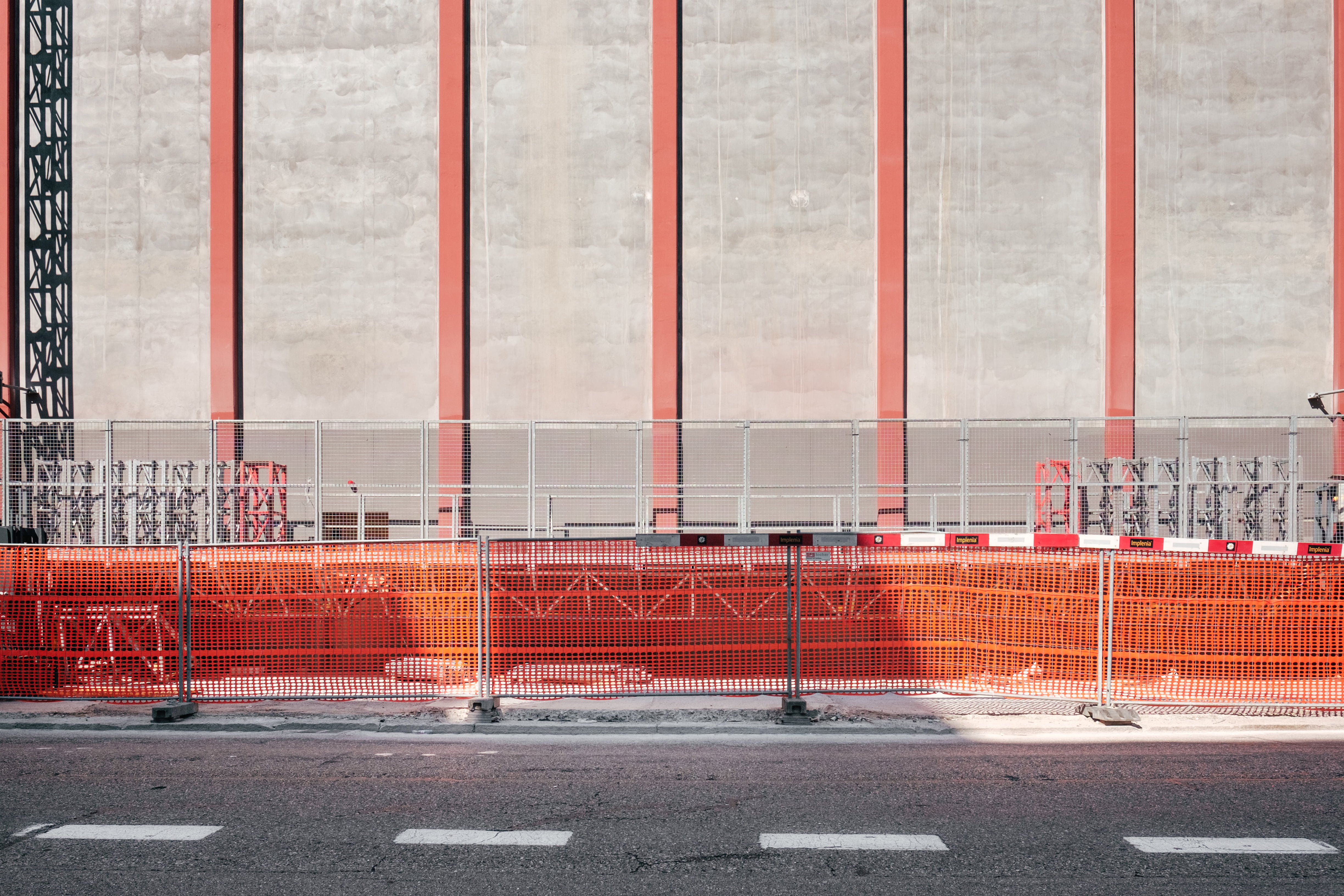 fence, building, outdoors, building exterior, barrier, sign, 4K, wall, architecture, security, barricade, red, built structure, safety, protection, day, HD Wallpaper