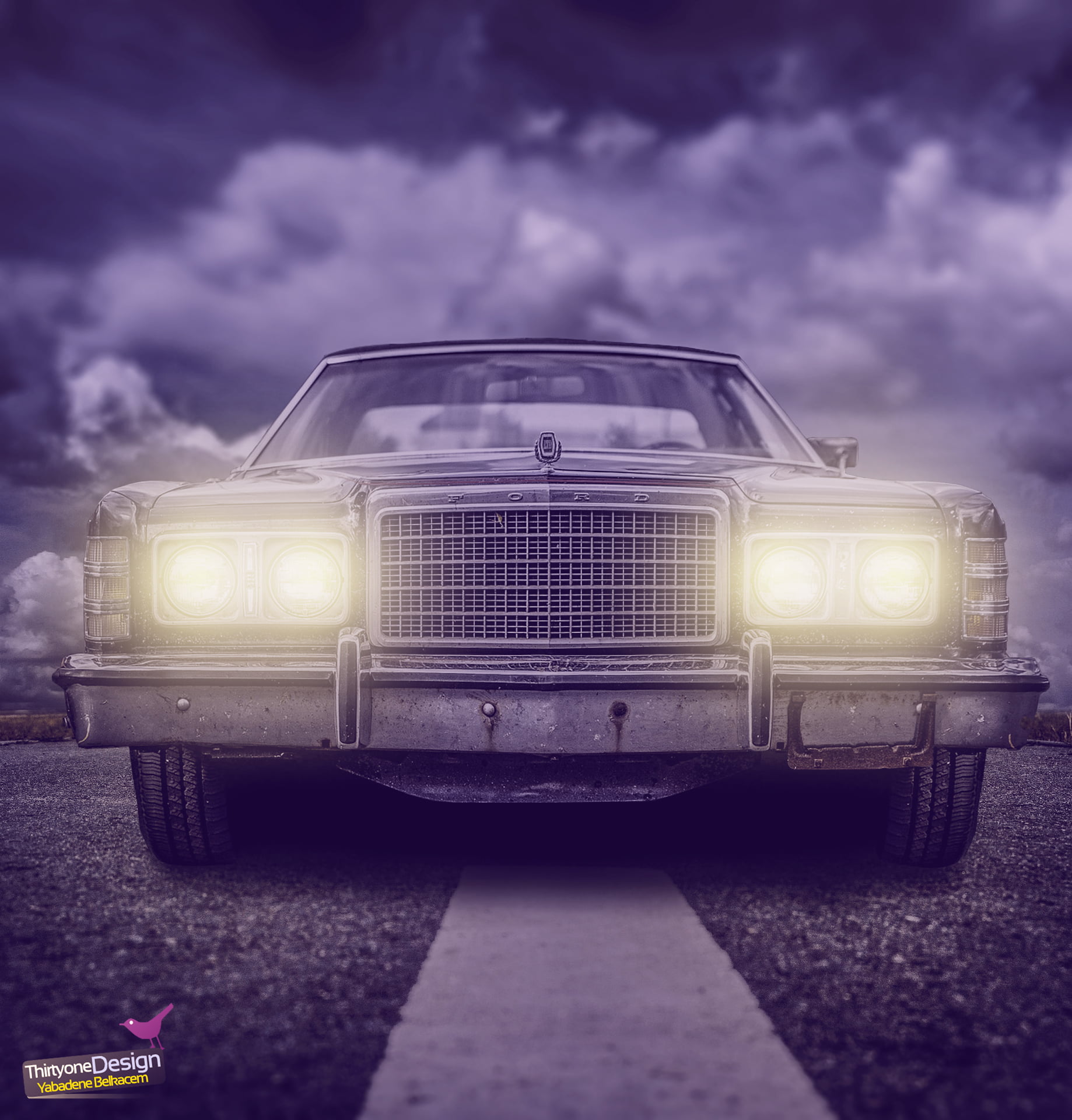 sky, illuminated, ominous, mode of transportation, front view, purple, night, classic car, natural light, nature, city, headlight, motor vehicle, 1080P, Phone HD Wallpaper
