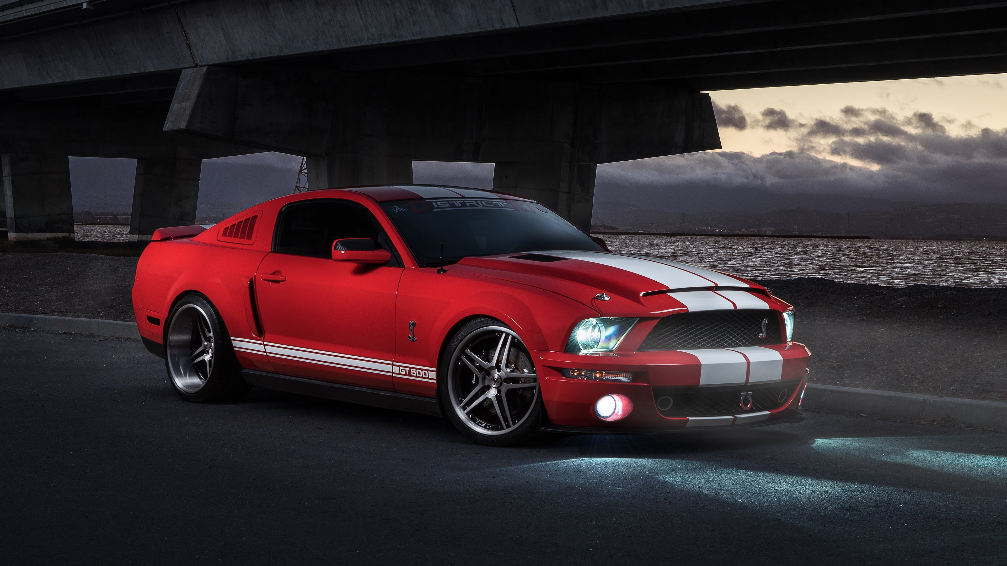 muscle car, built structure, water, 4K, mode of transportation, wealth, red car, convertible, sports car, nature, ford mustang shelby gt 500, cloud - sky, HD Wallpaper