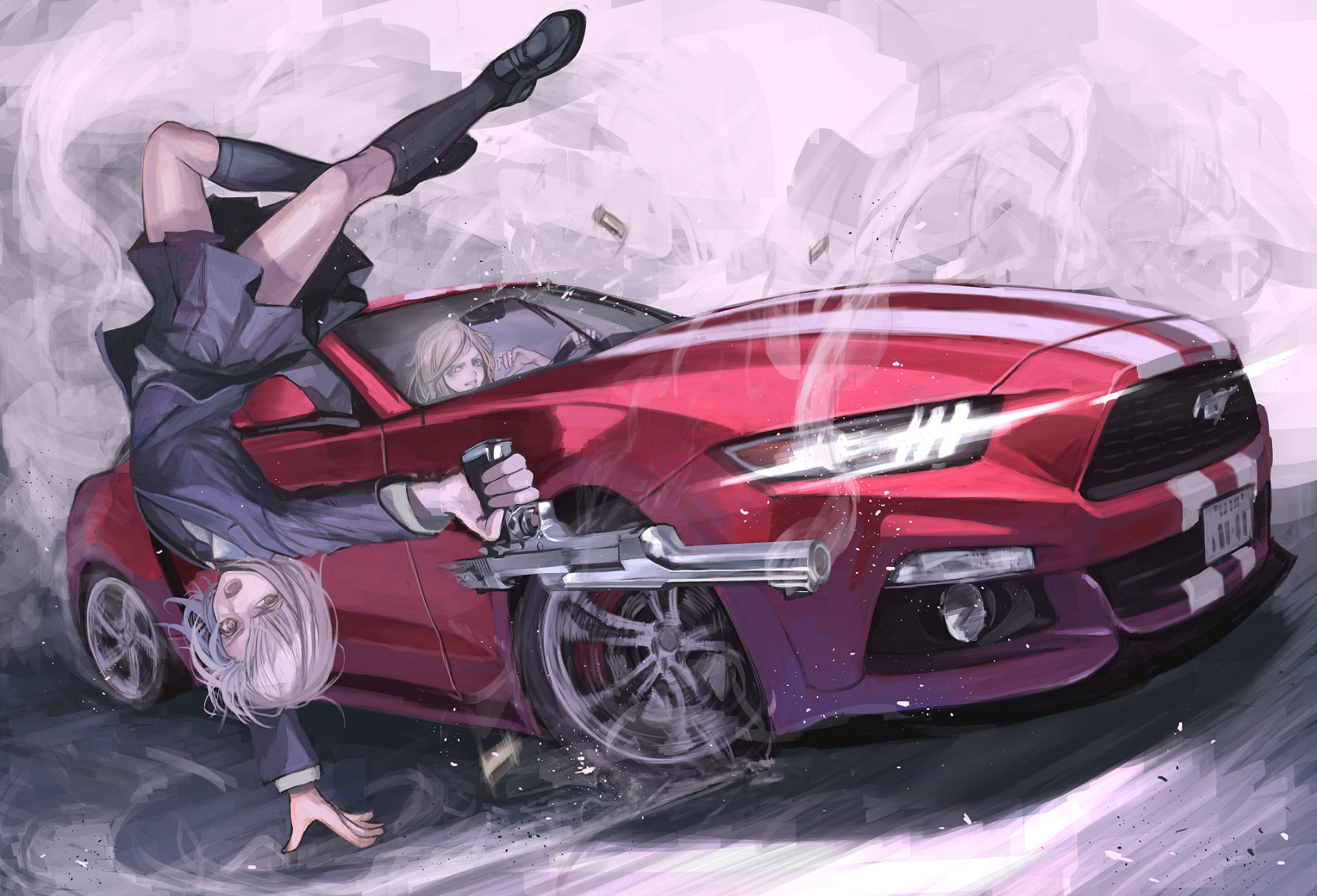 short hair, gun, handstand, 720P, weapon, anime girls, car, Ford Mustang, anime, grey hair, HD Wallpaper