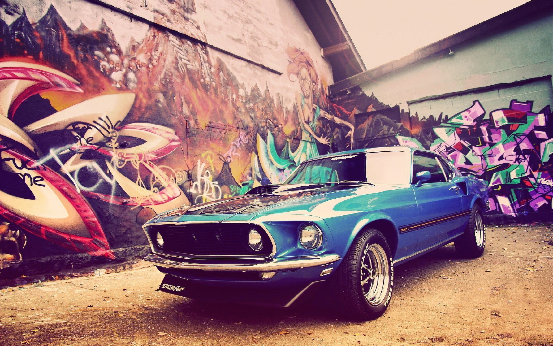 graffiti, vehicle, blue cars, car, muscle cars, 1080P, Ford, Ford Mustang, Ford Mustang Mach 1, HD Wallpaper