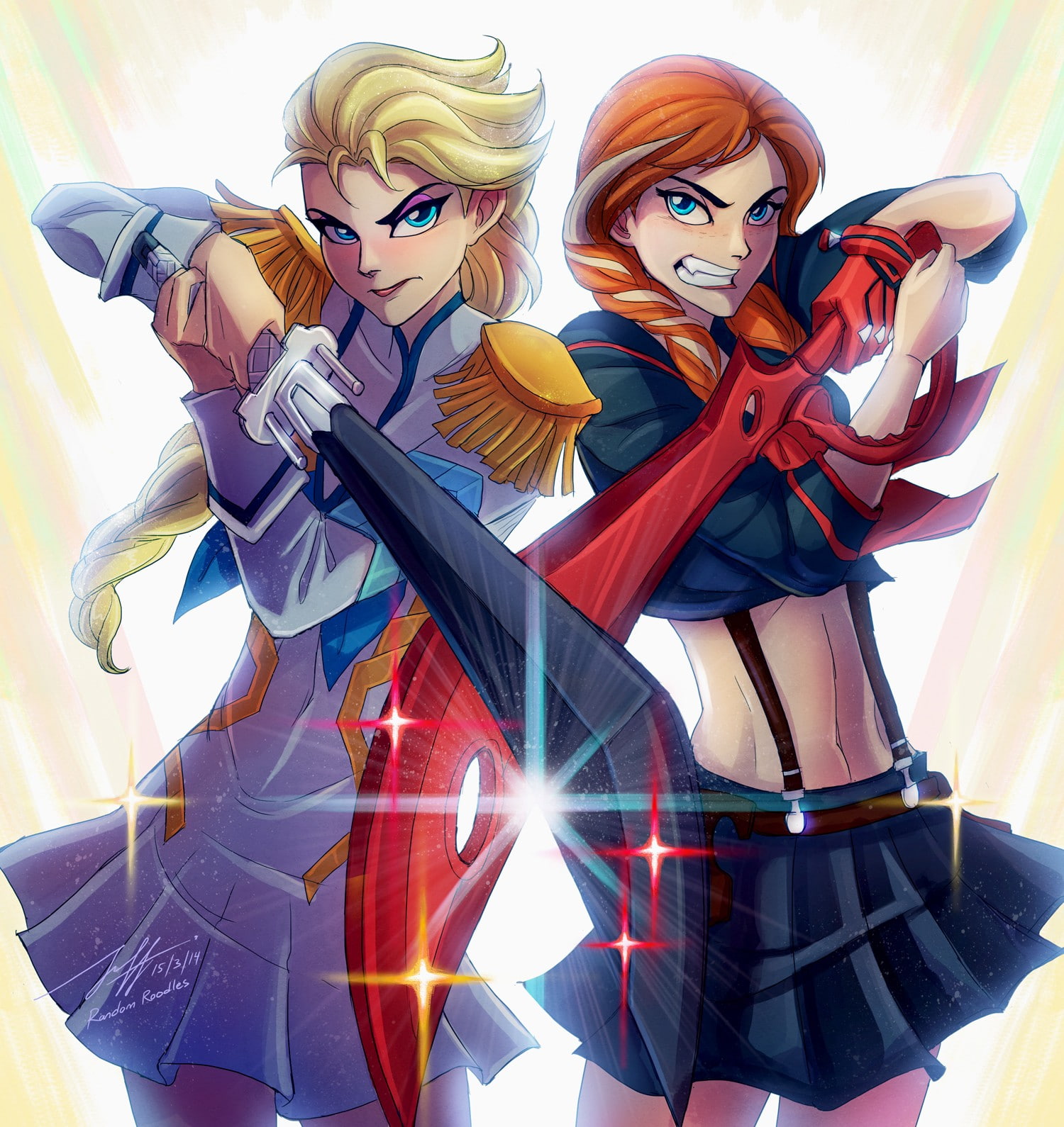 Princess Elsa, anime, Princess Anna, Elsanna, Disney, animated movies, Frozen (movie), 720P, crossover, Kill la Kill, Phone HD Wallpaper