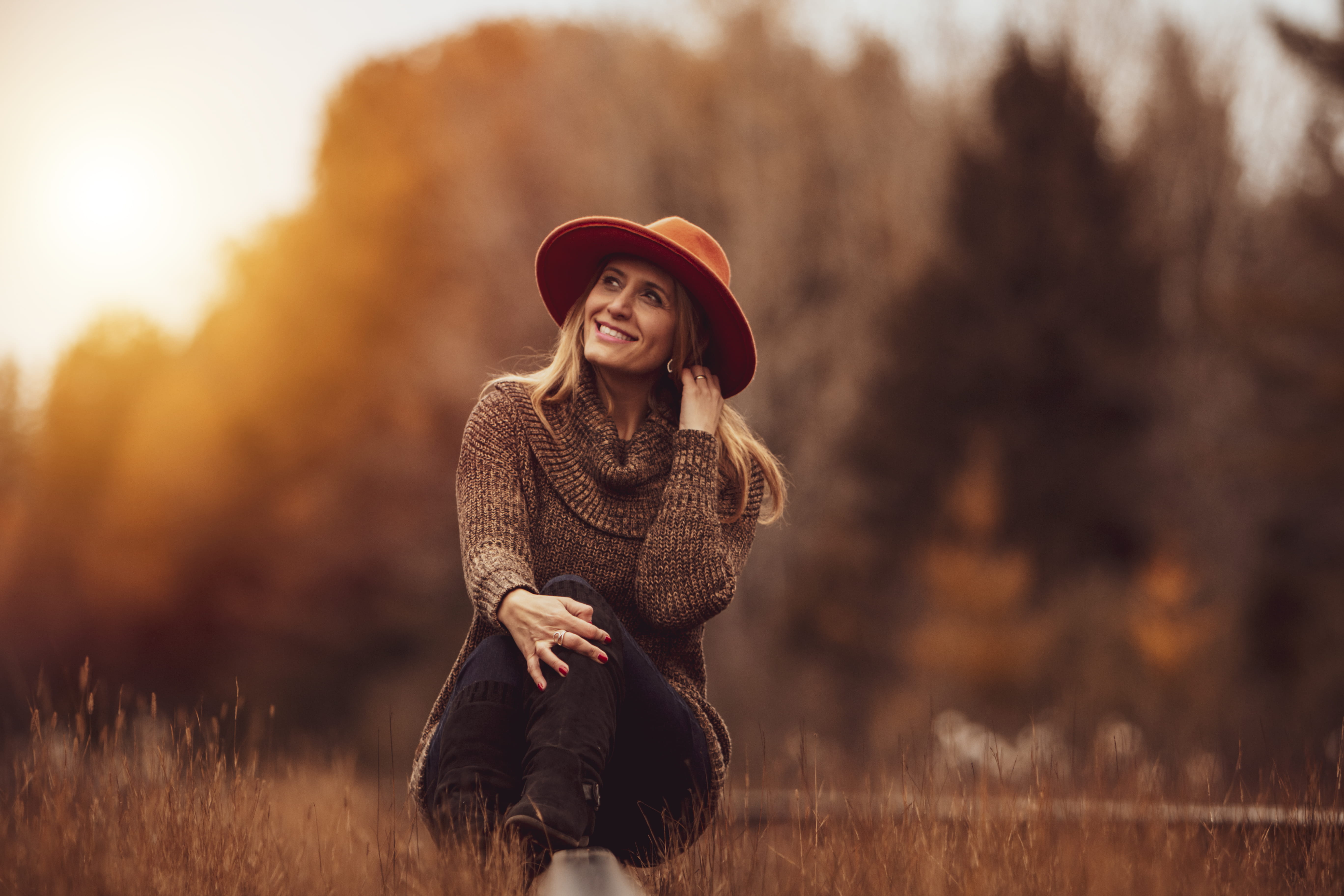 photo, lifestyles, person, cardigan, happiness, apparel, beautiful woman, positive emotion, blonde, young adult, tree, sweatshirt, field, sun hat, woman, HD Wallpaper