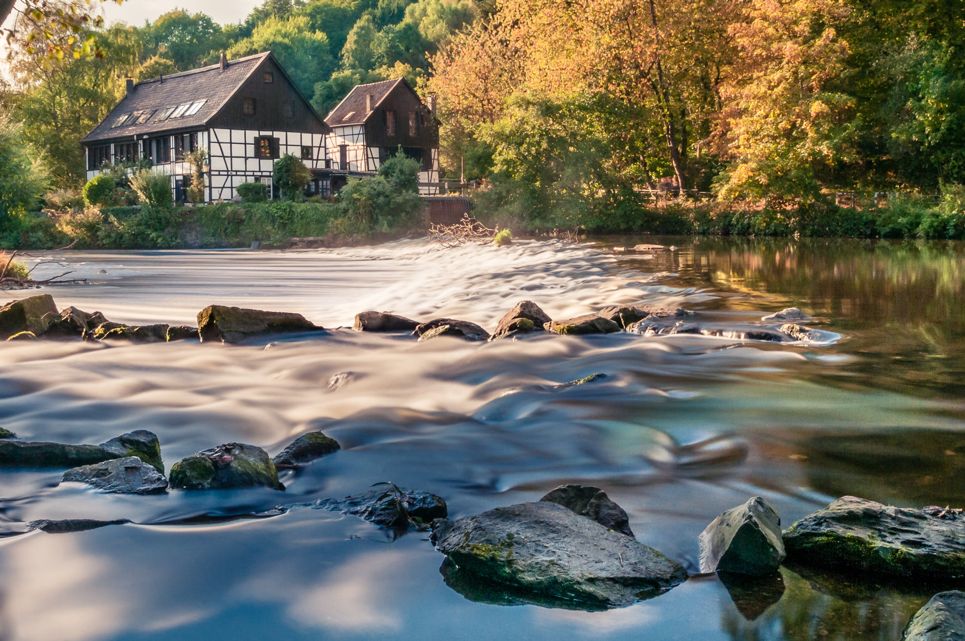 river, nature, Wupper, overlooking, autumn, Nikon D300s, daytime, Wasser, 1080P, Fluß, scenics, Licht, NRW, forest, landscape, flowing, am, outdoors, house, HD Wallpaper