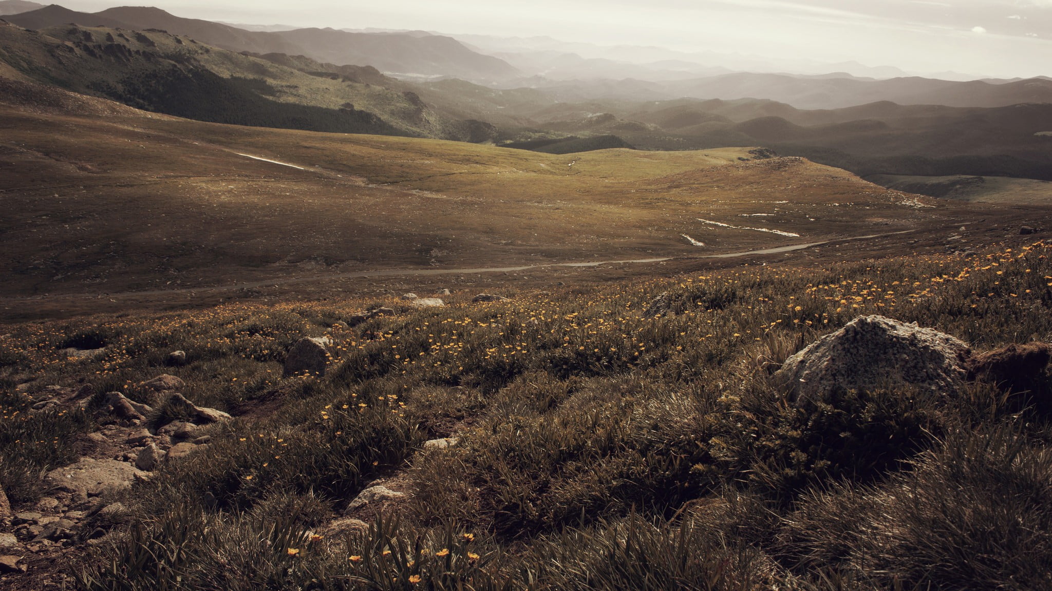scenics - nature, sunlight, field, hills, overcast, grass, tranquil scene, no people, rock, Photoshop, fantasy art, mountain range, sky, colorful, plants, HD Wallpaper