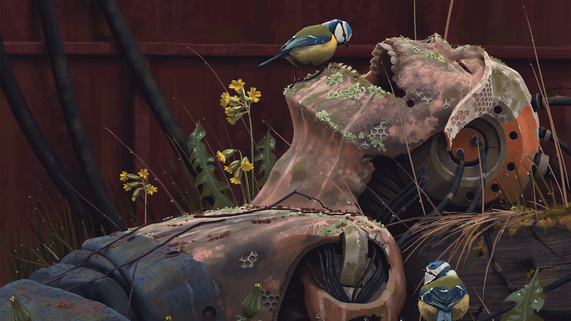 Simon Stålenhag, ruins, 1080P, Simon Stelenhag, cyborg, grass, artist, birds, fiction, art, robot, HD Wallpaper