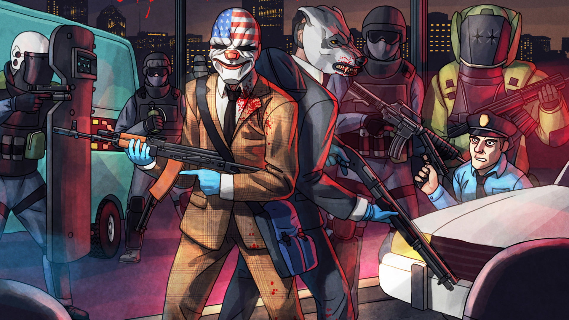 group of people, people, guitar, gun, polices, rock music, surrounded, event, wearing, weapon, plucking an instrument, singing, men, PAYDAY 2, music, masks, HD Wallpaper