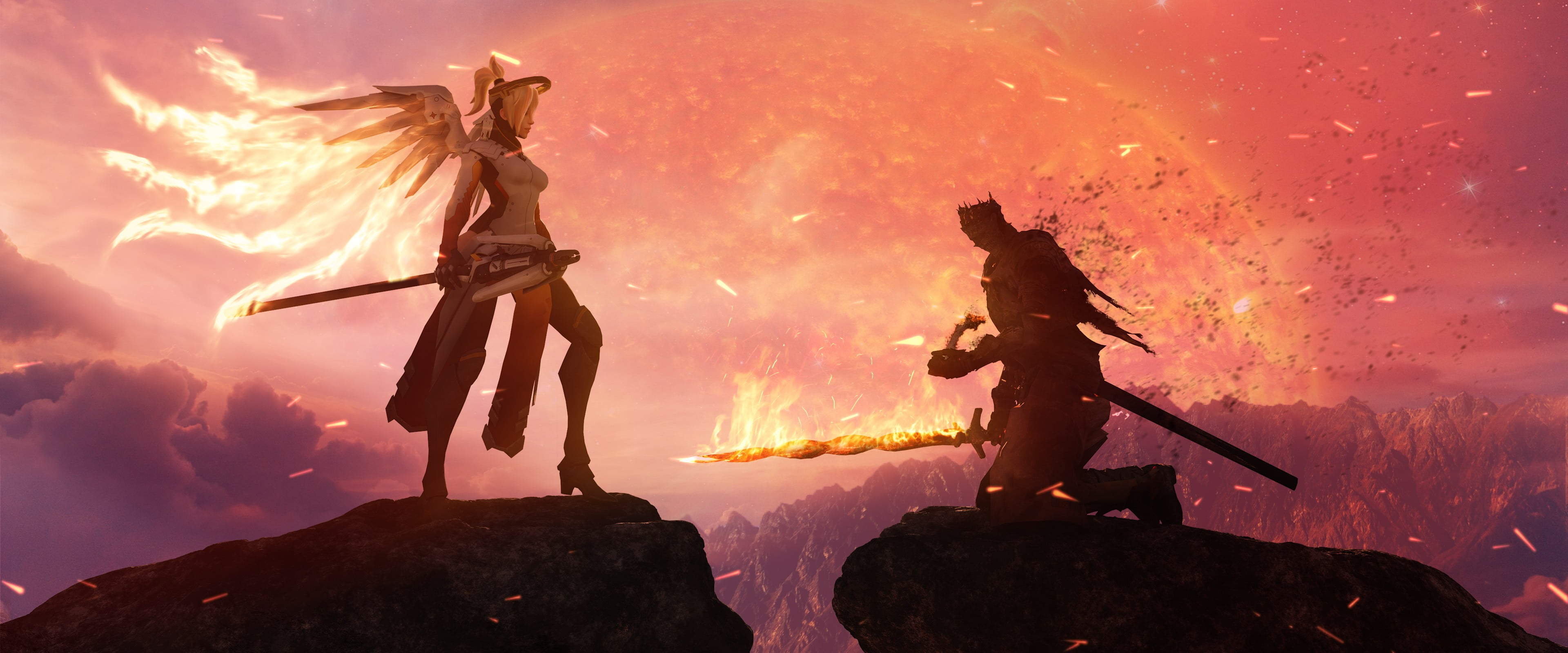 activity, application, rock, game, land, motion, rock - object, nature, people, Dark Souls, togetherness, adult, orange color, crossover, Mercy (Overwatch), HD Wallpaper