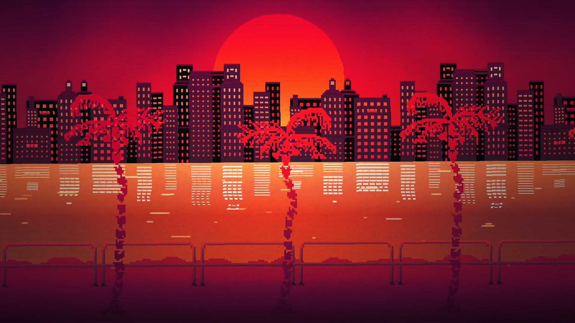 sunset, 1080P, Retrowave, Hotline Miami, 80s, HD Wallpaper