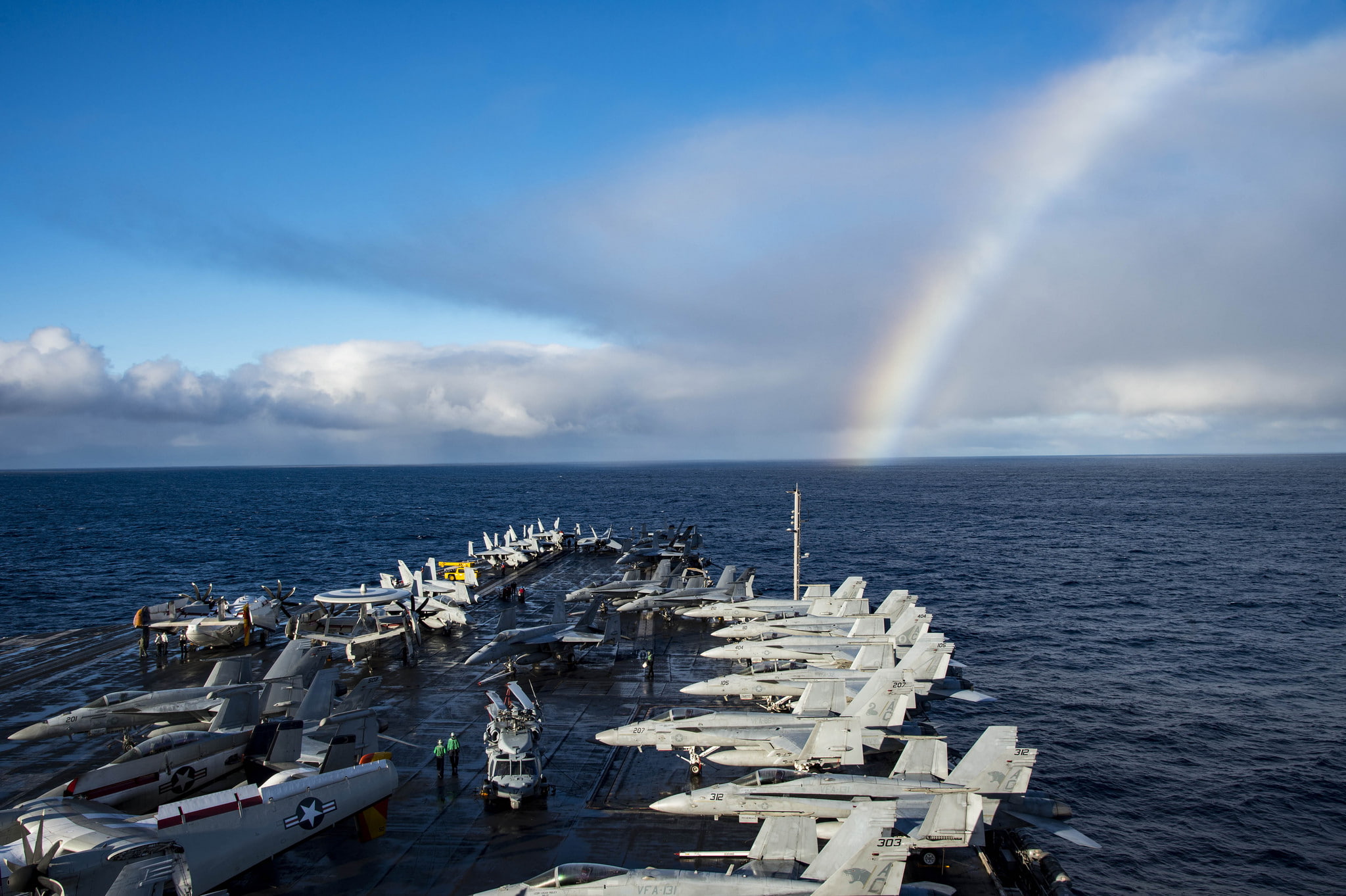 rainbows, water, USS Dwight D. Eisenhower, idyllic, beauty in nature, no people, horizon, aircraft carrier, rainbow, McDonnell Douglas F/A-18 Hornet, sky, HD Wallpaper
