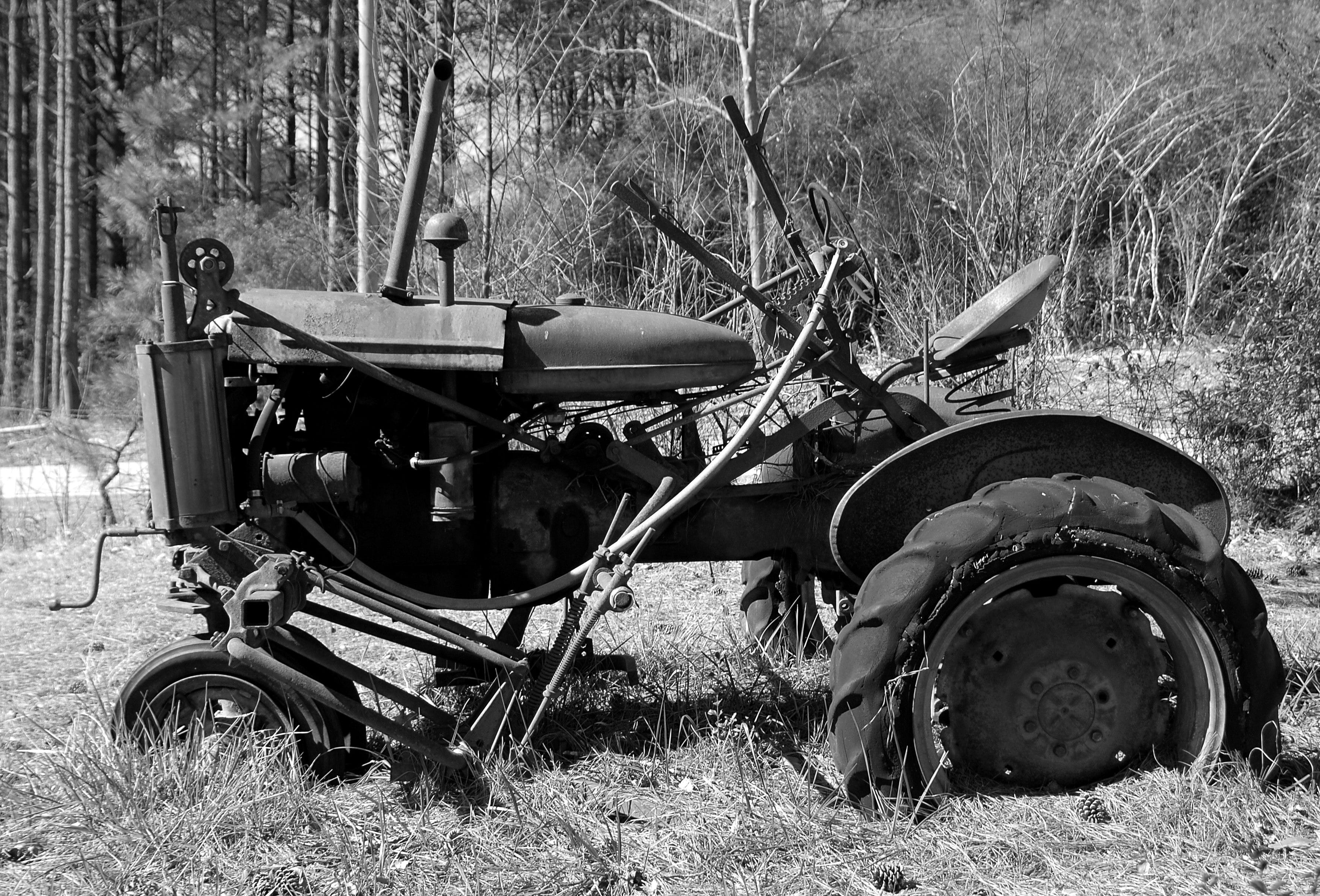 farm equipment, tree, plant, damaged, no people, day, obsolete, abandoned, wheel, vintage, farm, agricultural machinery, aged, 2K, grunge, motorcycle, HD Wallpaper