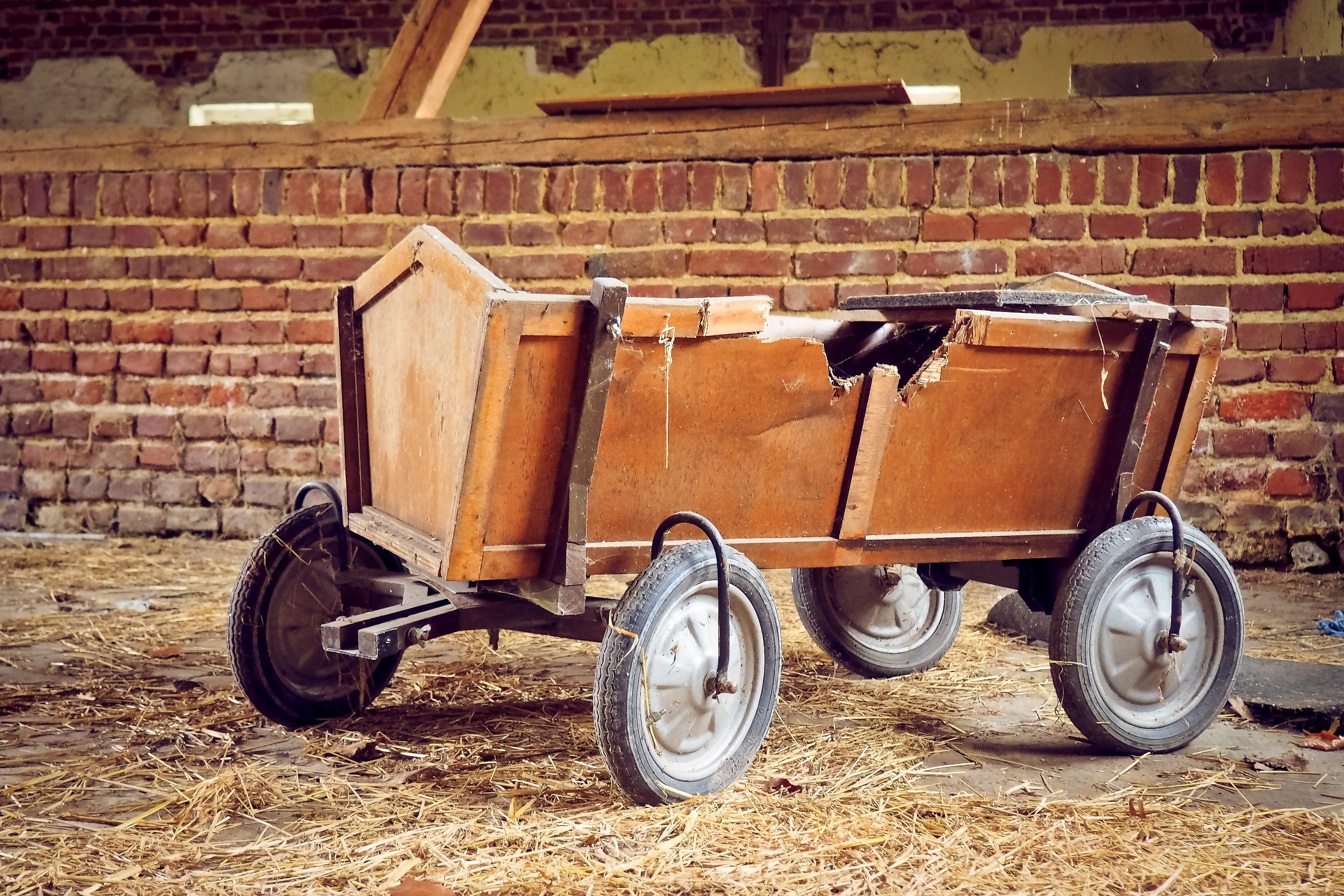 old building, brick wall, old, brick, wall, run down, weathered, lost places, dirt, architecture, cart, gloomy, brown, ruin, transient, push cart, mood, HD Wallpaper