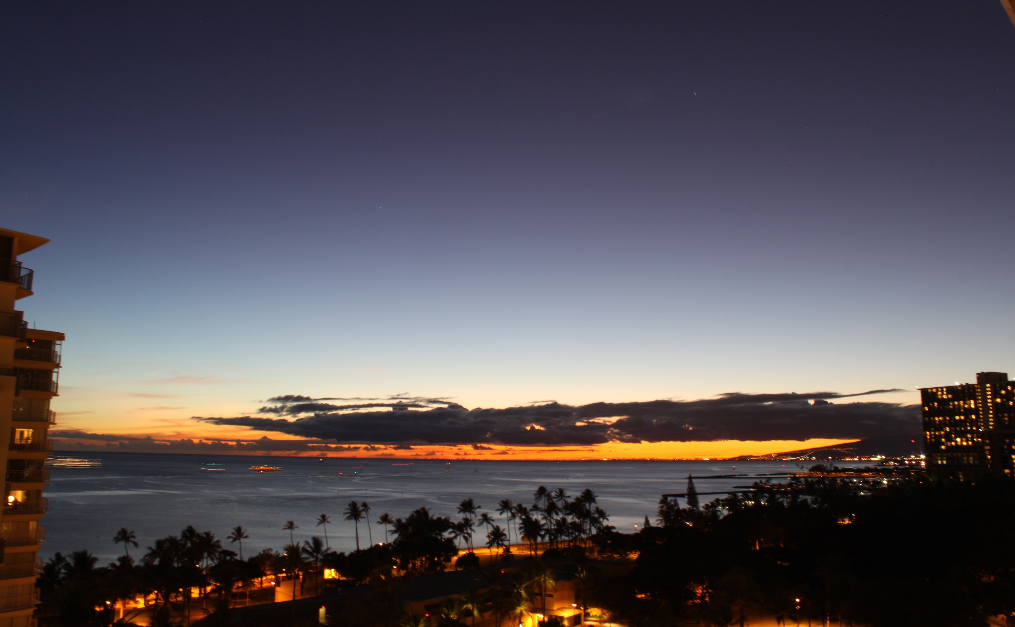sky, silhouette, island, sundown, night, resort, no people, hawaii, oahu, Travel, architecture, water, sunset, Islands, built structure, dusk, nature, light, HD Wallpaper