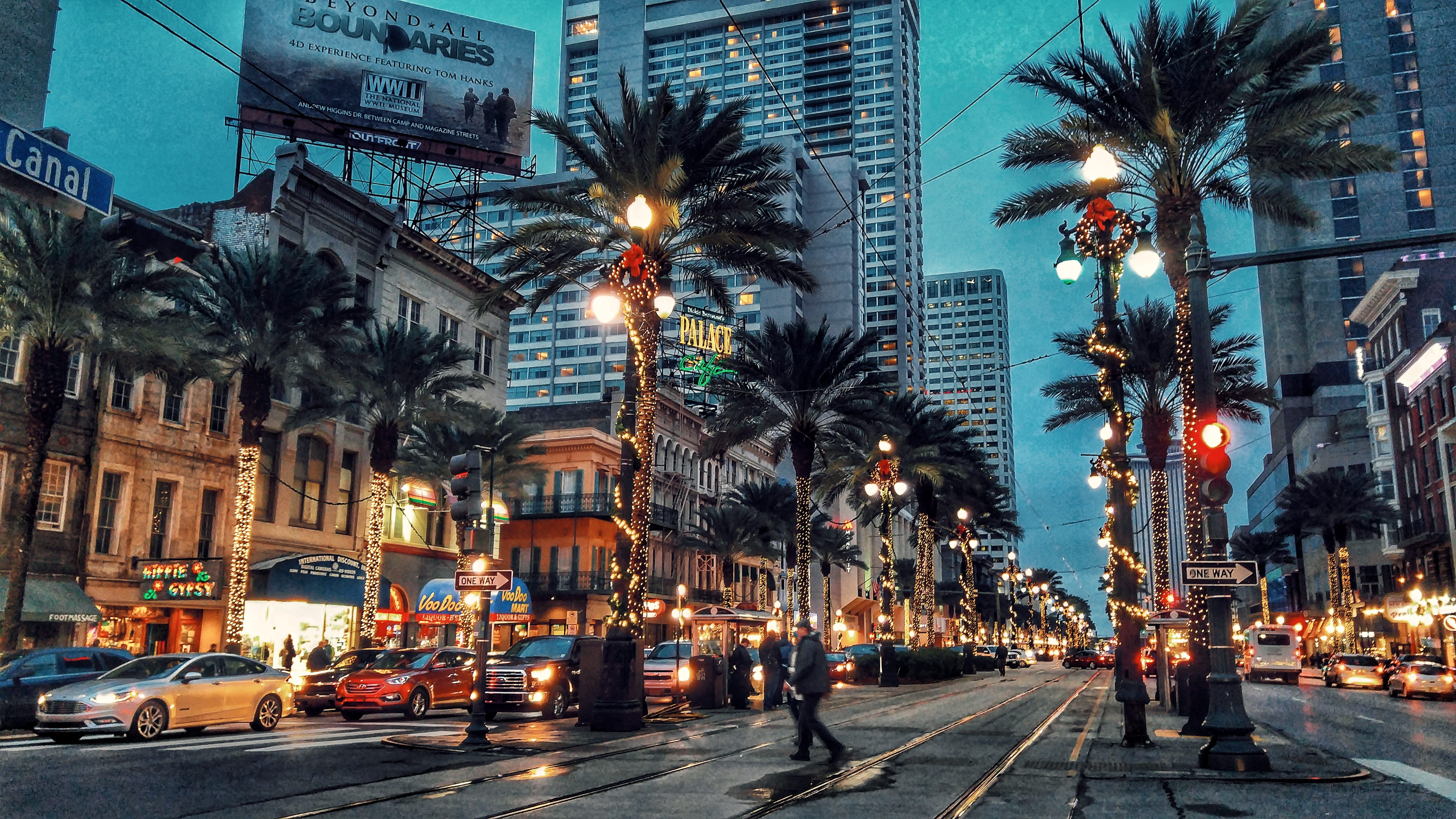 city street, built structure, skyscraper, plant, united states, illuminated, transportation, city, office building exterior, incidental people, mode of transportation, HD Wallpaper
