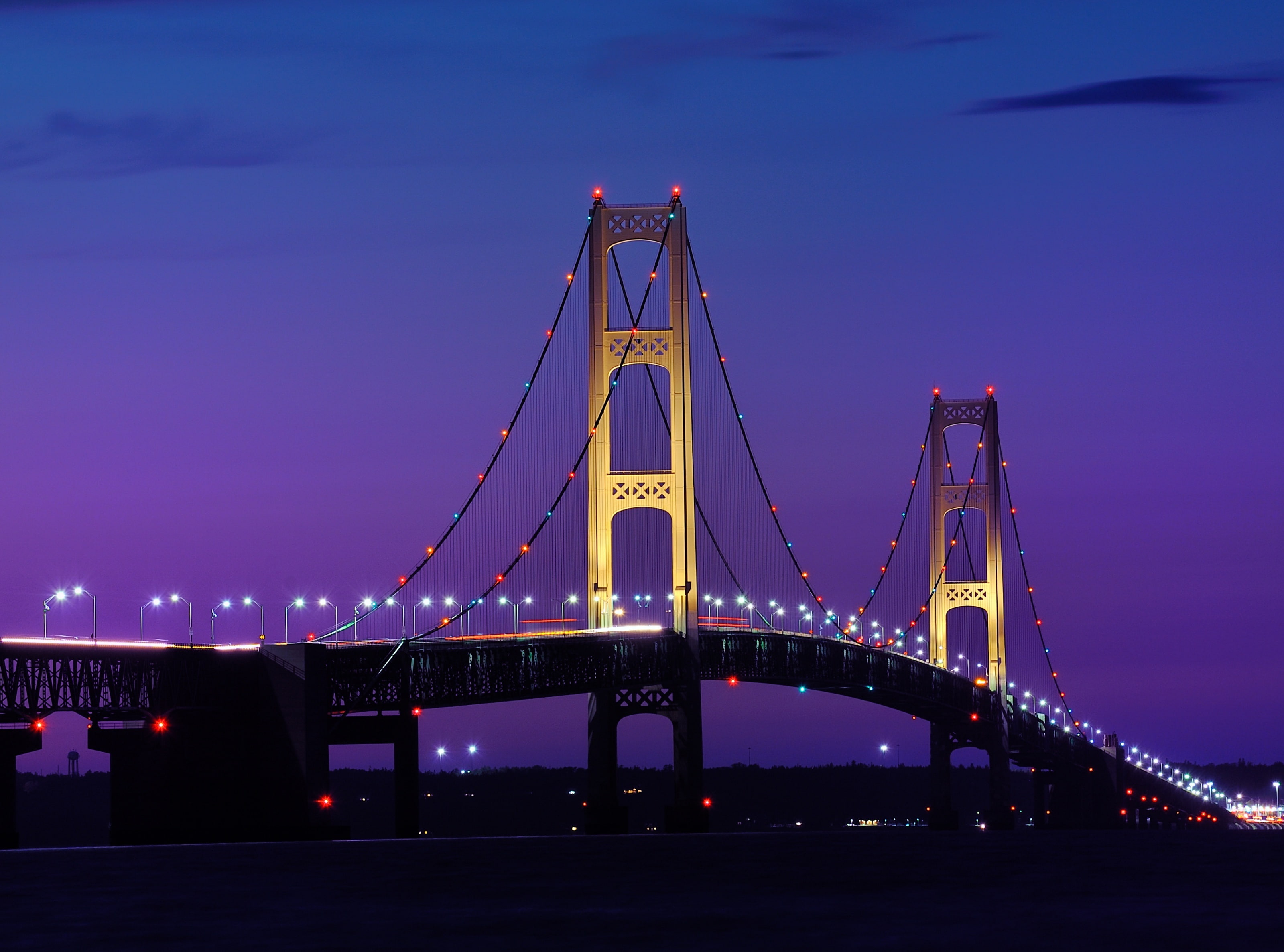 illuminated, Mackinac, night, Others, travel, travel destinations, light, bridge - man made structure, engineering, architecture, nature, built structure, HD Wallpaper