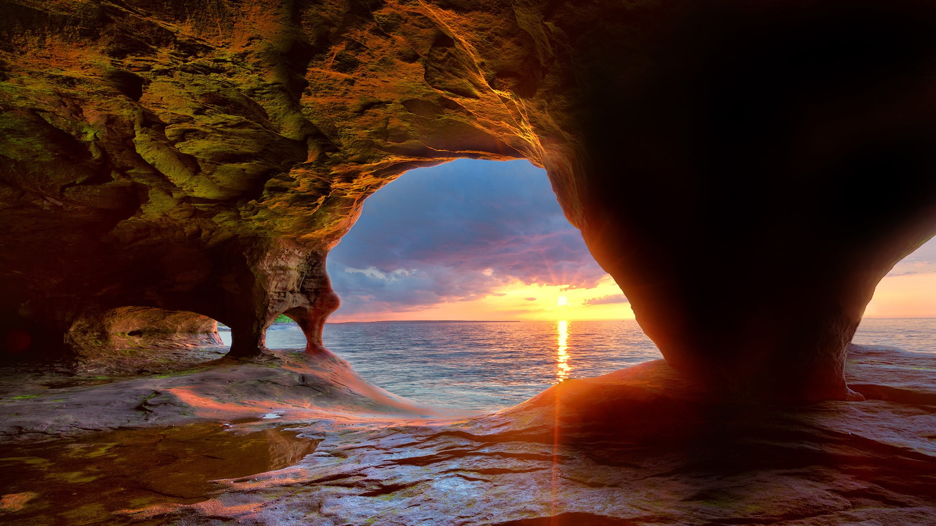 Lake Superior, USA, landscape, Michigan, lake, 1080P, sunset, horizon, cave, HD Wallpaper