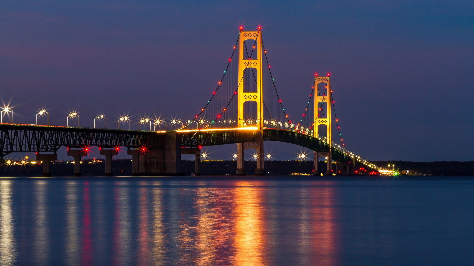Bridge, Bridges, Night, USA, 1080P, River, Light, Michigan, Mackinac Bridge, HD Wallpaper