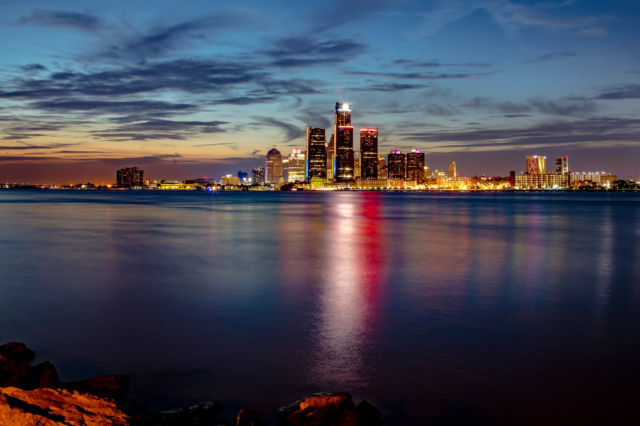 1080P, the Detroit river, Detroit, Detroit River, skyscrapers, Michigan, night city, river, HD Wallpaper