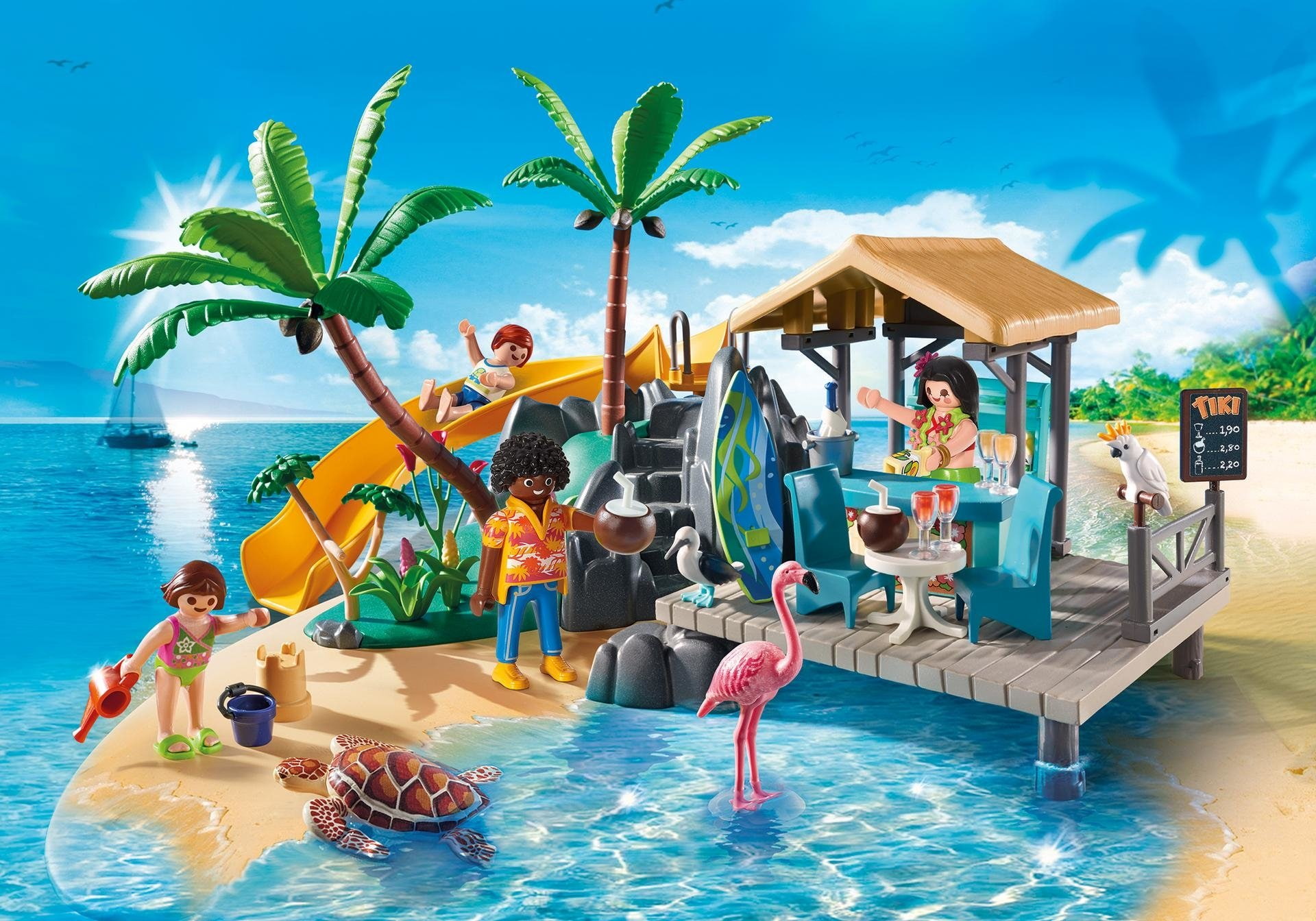 Man Made, Sand, 1080P, Party, Palm Tree, Child, Flamingo, Toy, Water, Beach, Turtle, HD Wallpaper