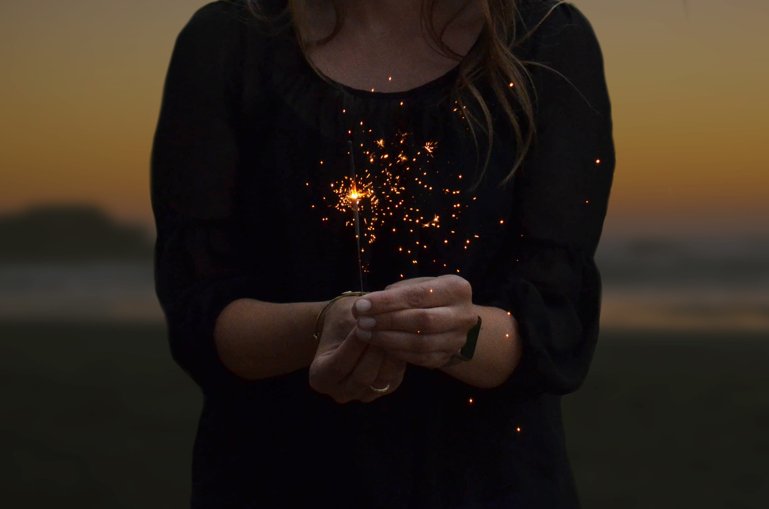 sunset, water, adult, focus on foreground, united states, front view, party, woman, sparkler, one person, 2K, human face, human body part, summer, sky, HD Wallpaper