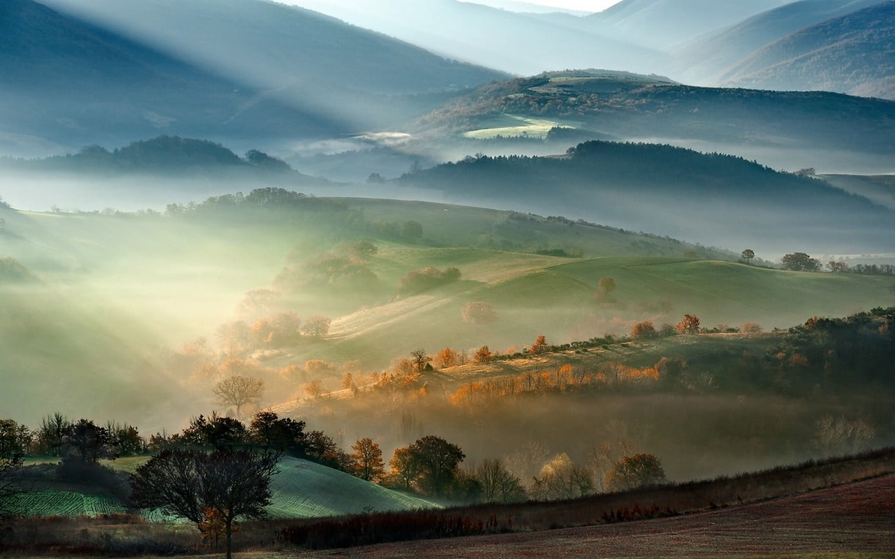 rural scene, 720P, mountains, environment, fog, sky, outdoors, plant, tranquil scene, non-urban scene, trees, twilight, morning, tranquility, tree, mountain, HD Wallpaper